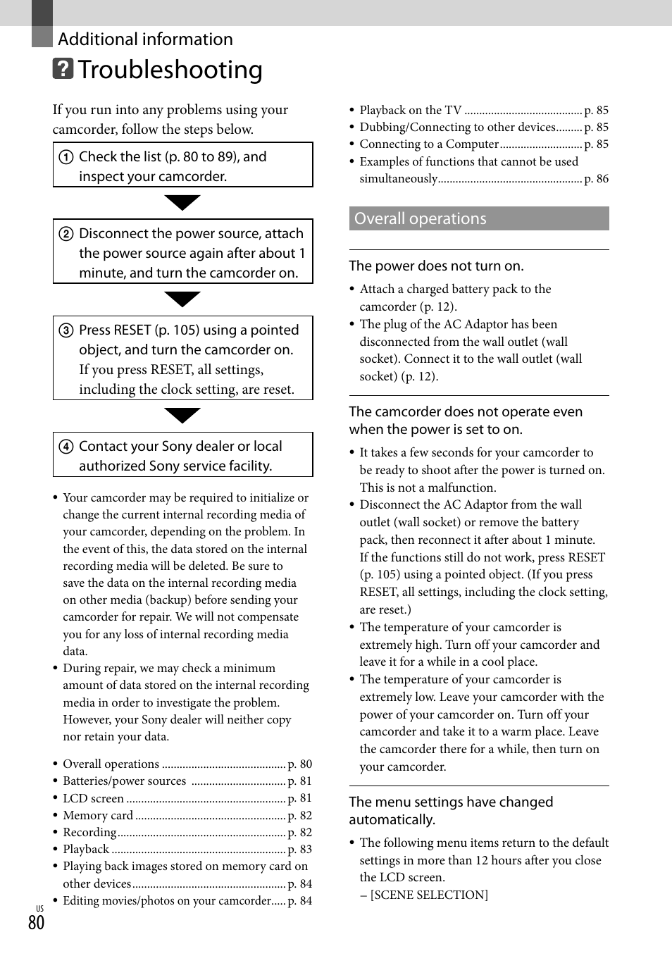Additional information, Troubleshooting, Overall operations | Sony HDR-XR150 User Manual | Page 80 / 109