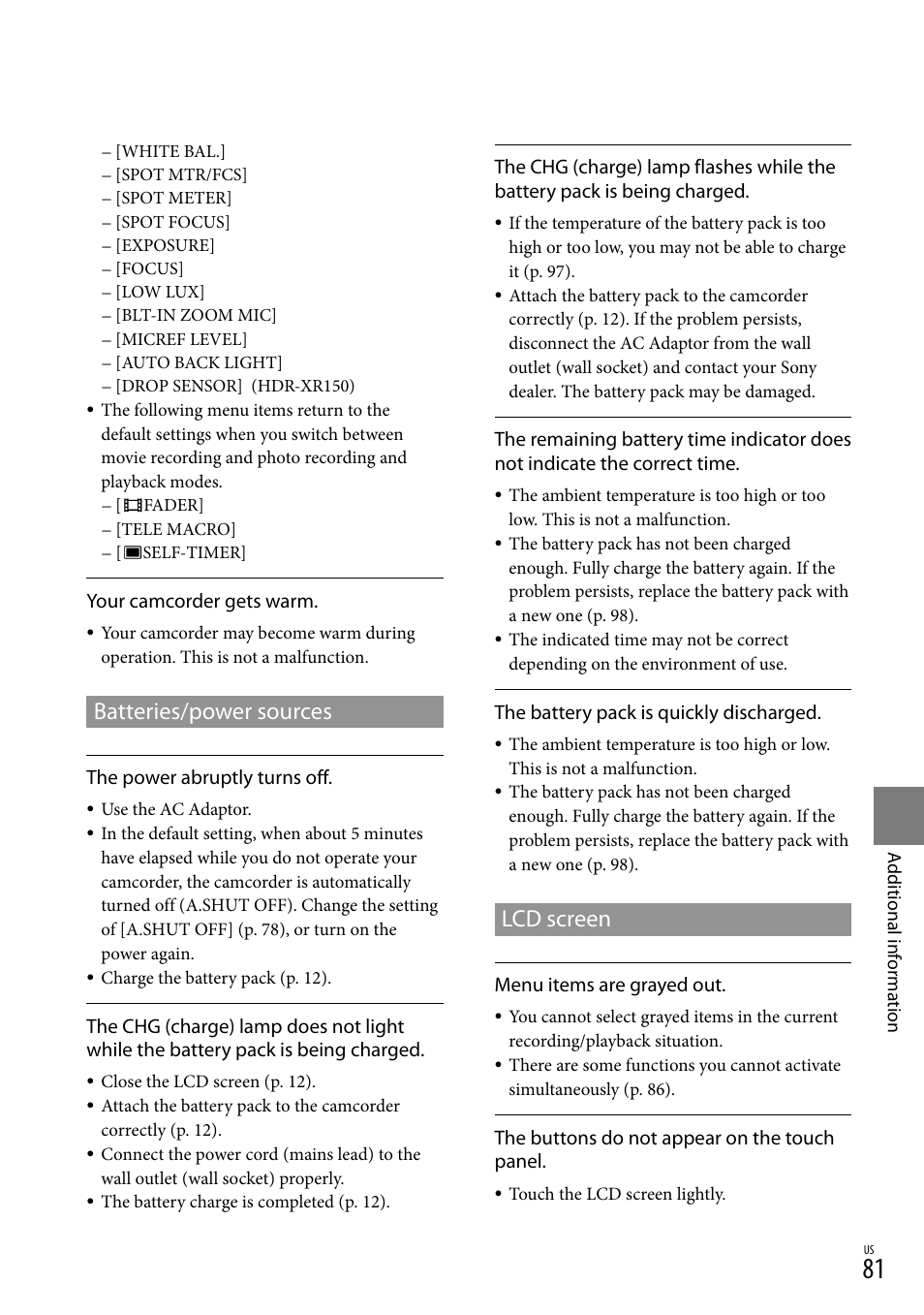Batteries/power sources, Lcd screen | Sony HDR-XR150 User Manual | Page 81 / 109
