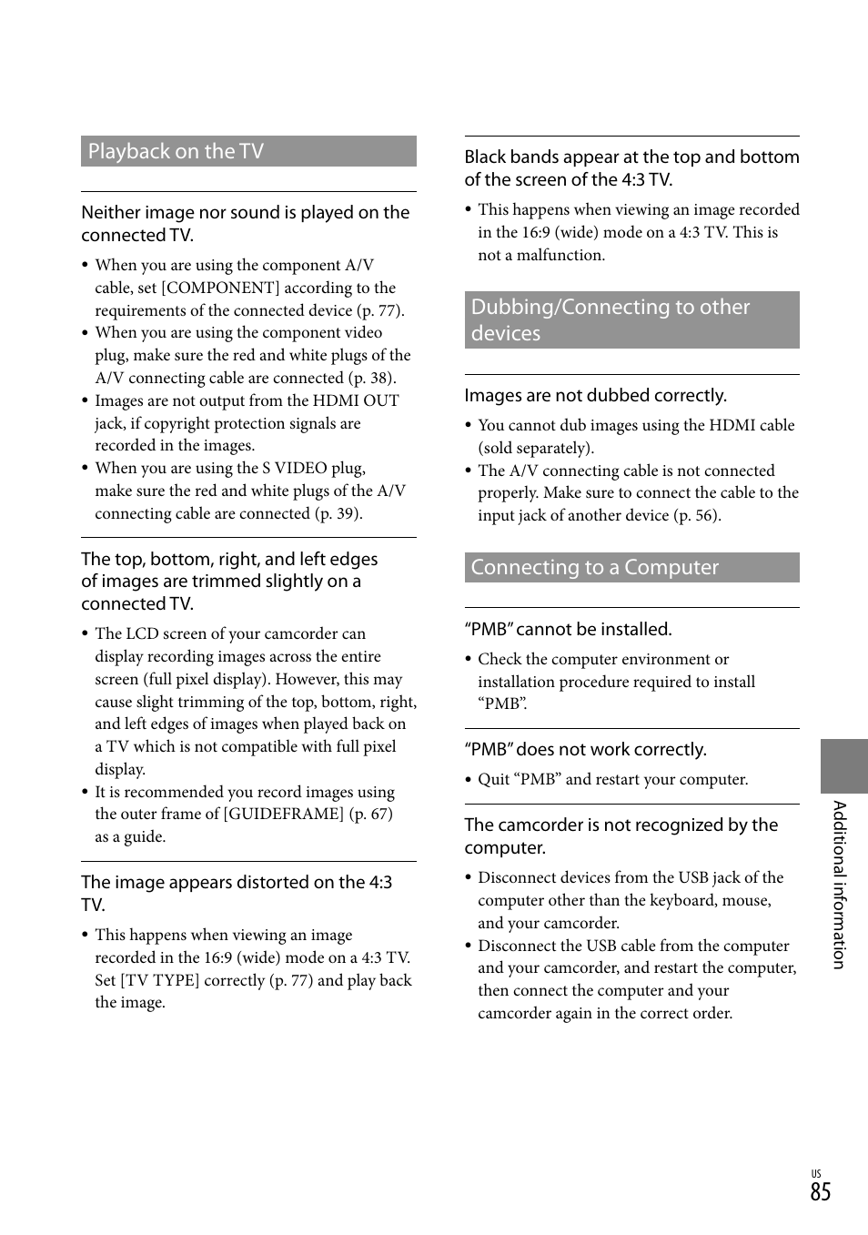 Playback on the tv, Dubbing/connecting to other devices, Connecting to a computer | Sony HDR-XR150 User Manual | Page 85 / 109