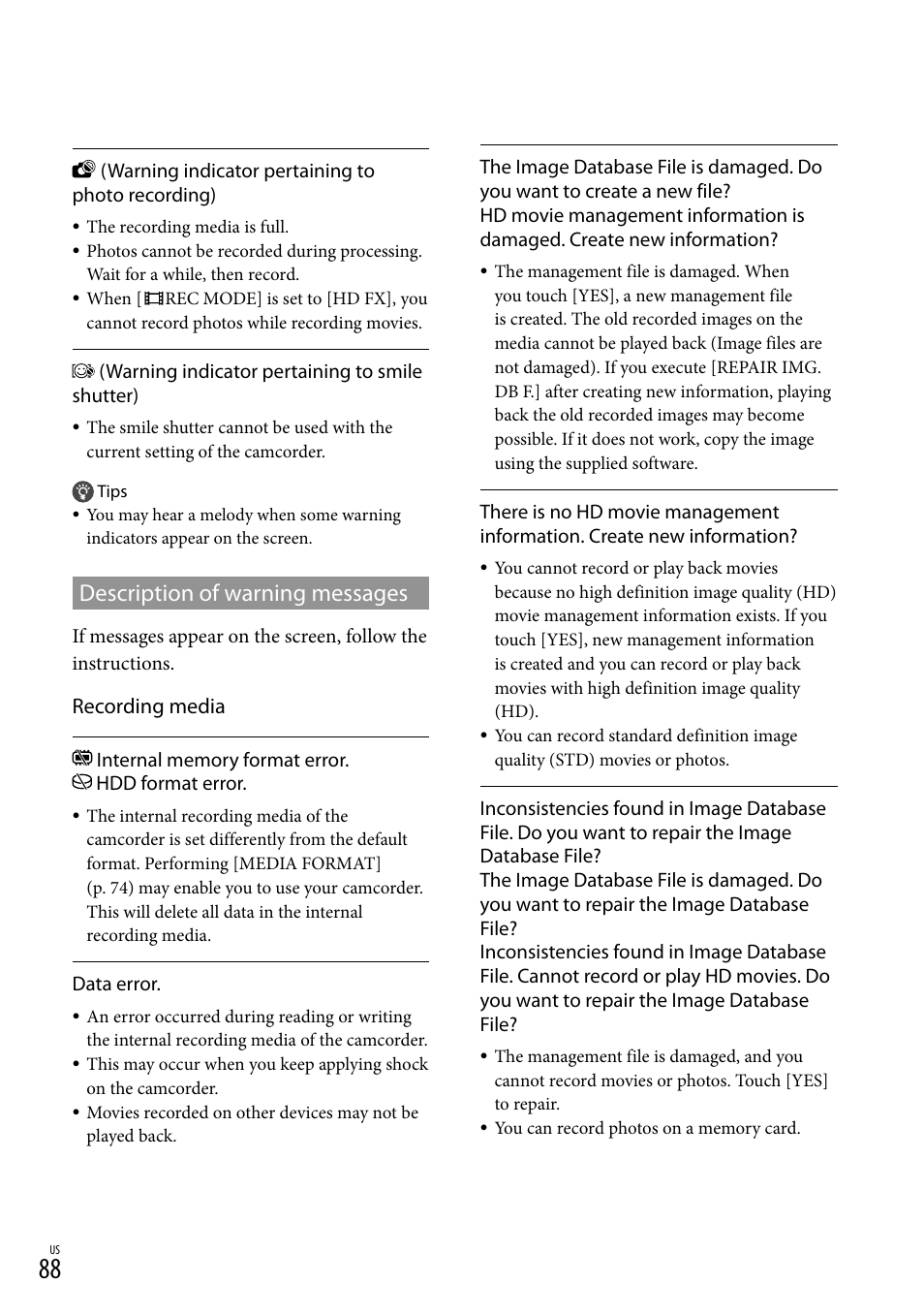 Description of warning messages, Recording media | Sony HDR-XR150 User Manual | Page 88 / 109