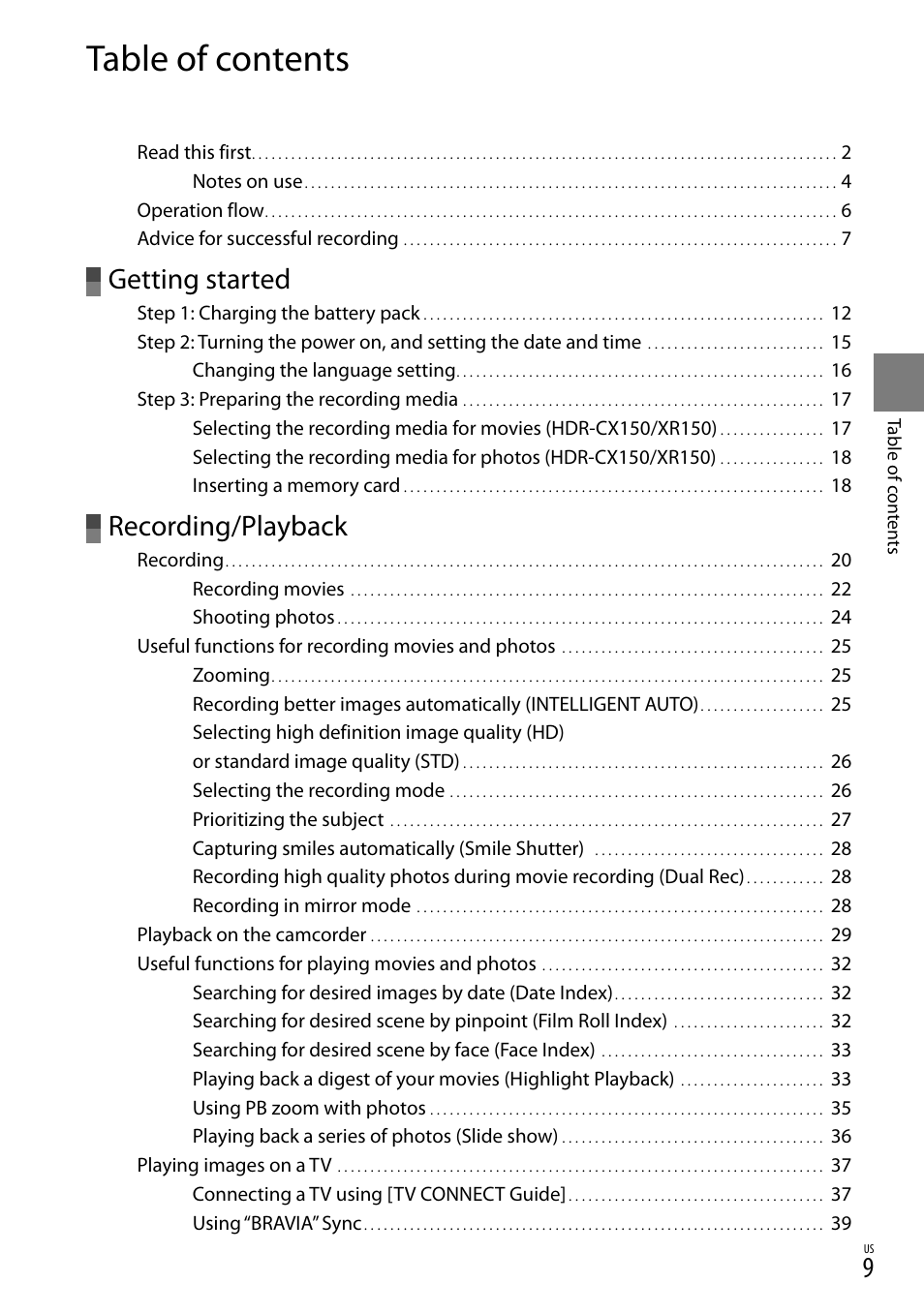 Sony HDR-XR150 User Manual | Page 9 / 109