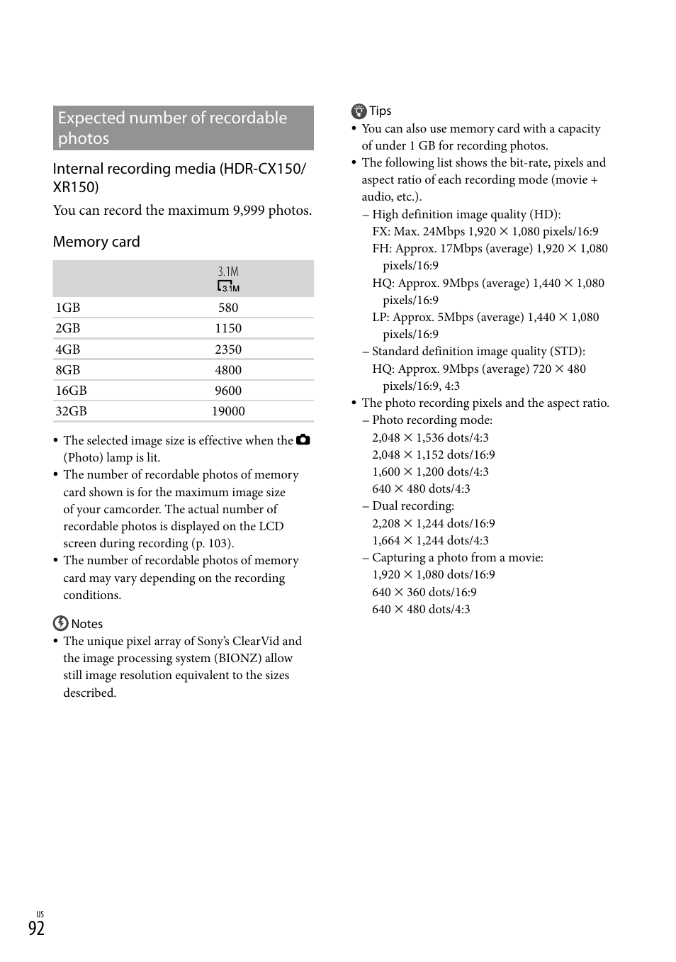 Expected number of recordable photos | Sony HDR-XR150 User Manual | Page 92 / 109