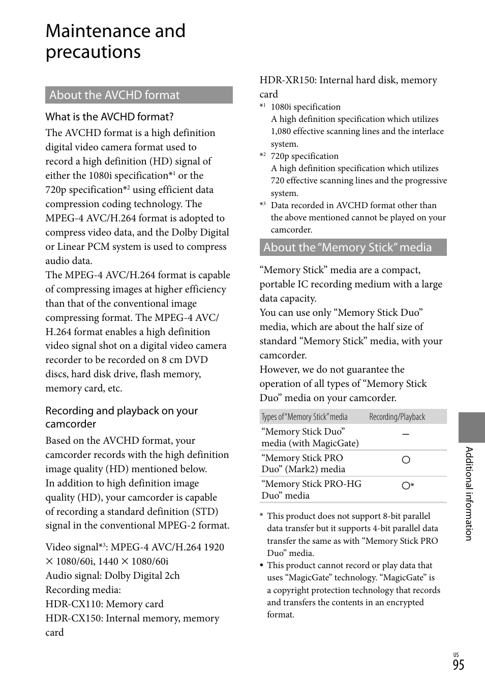 Maintenance and precautions, About the avchd format, About the “memory stick” media | Sony HDR-XR150 User Manual | Page 95 / 109
