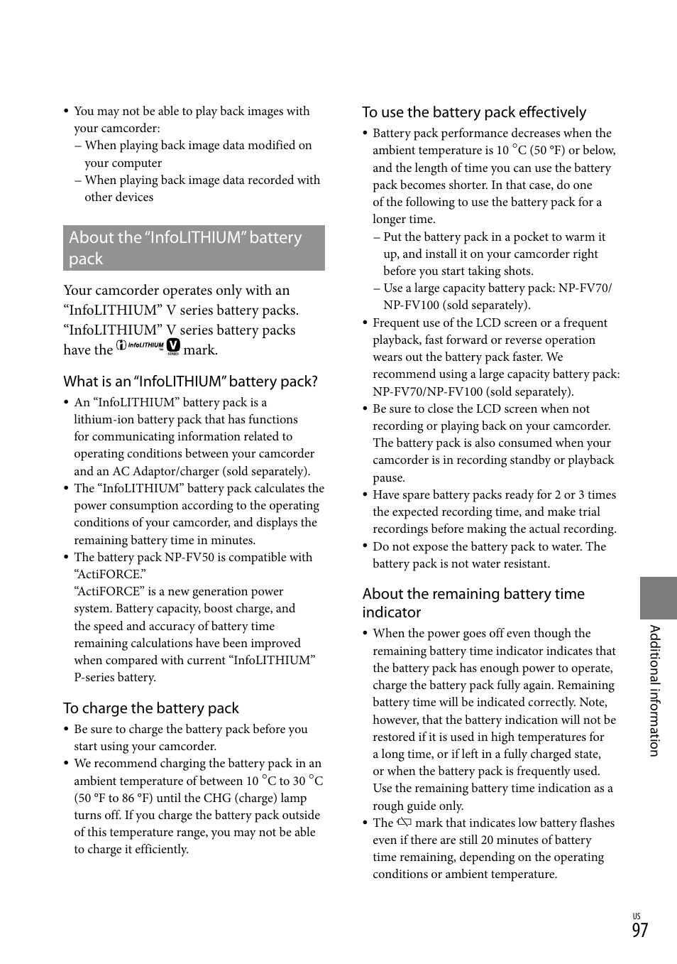 About the “infolithium” battery pack, What is an “infolithium” battery pack, About the remaining battery time indicator | Sony HDR-XR150 User Manual | Page 97 / 109