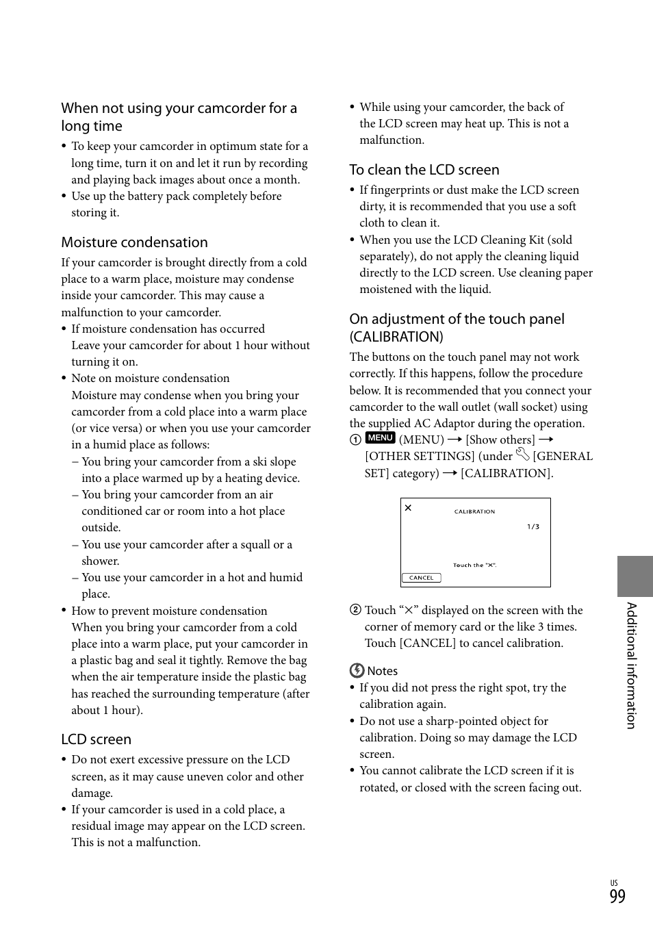 When not using your camcorder for a long time, Moisture condensation, Lcd screen | On adjustment of the touch panel (calibration) | Sony HDR-XR150 User Manual | Page 99 / 109
