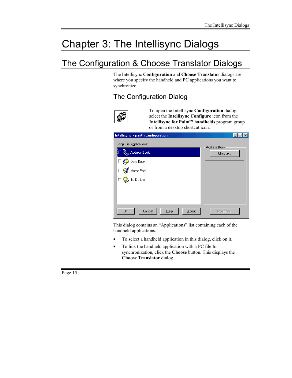 The intellisync dialogs, The configuration & choose translator dialogs, The configuration dialog | Ield, Apping, Ialog, Ulti, Upport, Chapter 3: the intellisync dialogs | Sony PEG-TG50 User Manual | Page 15 / 53