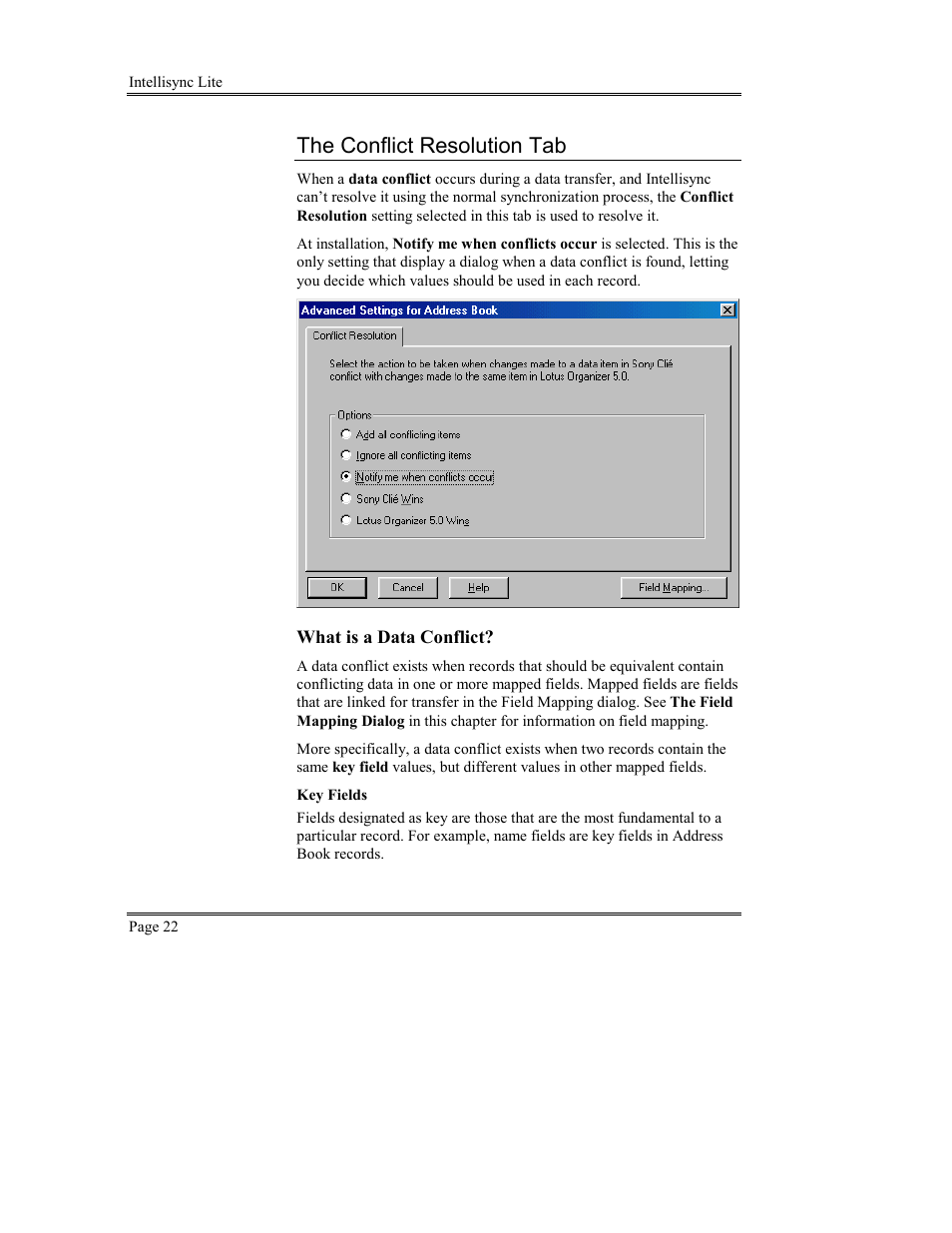 The conflict resolution tab, Mporting and, Xporting | Sony PEG-TG50 User Manual | Page 22 / 53