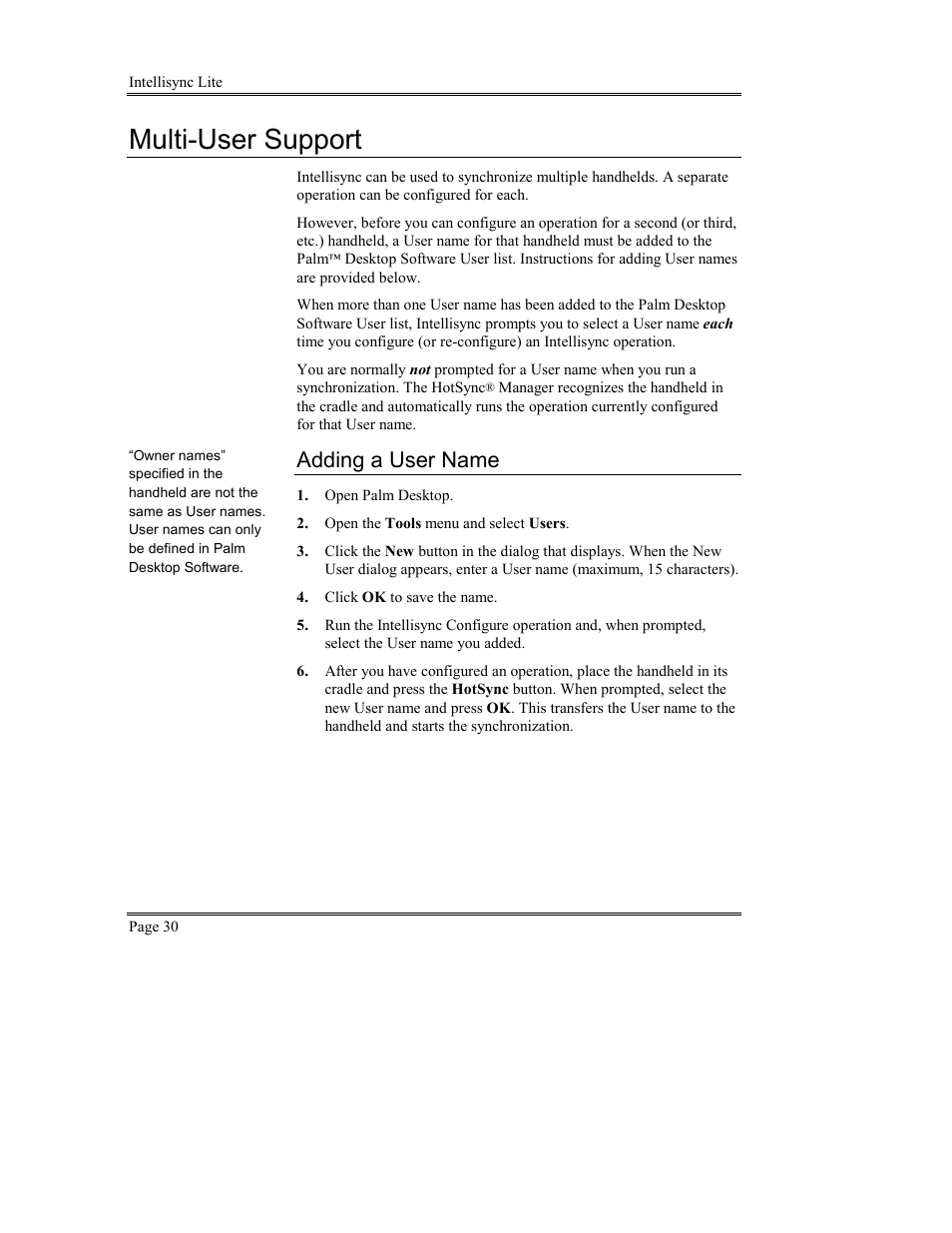 Multi-user support, Adding a user name | Sony PEG-TG50 User Manual | Page 30 / 53
