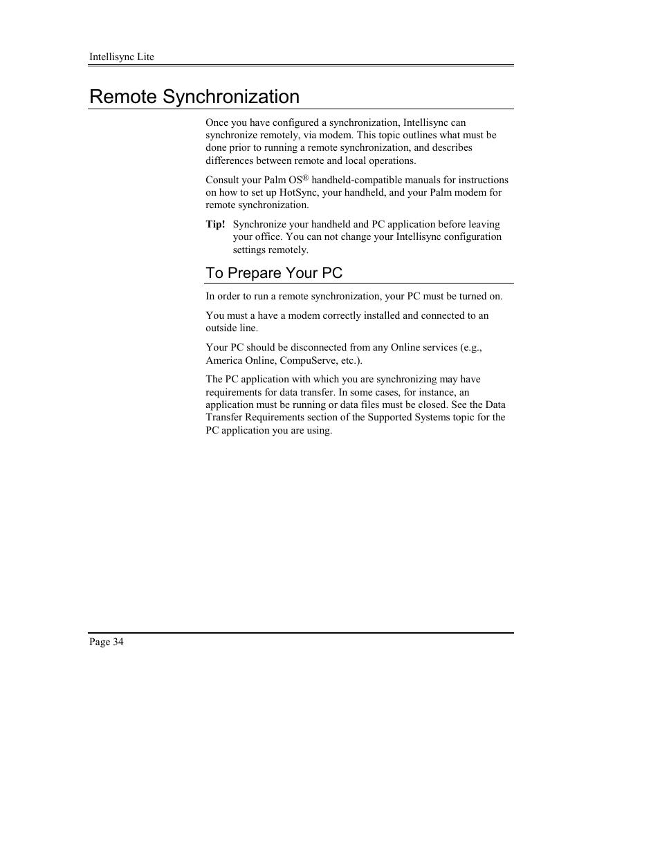 Remote synchronization, To prepare your pc | Sony PEG-TG50 User Manual | Page 34 / 53
