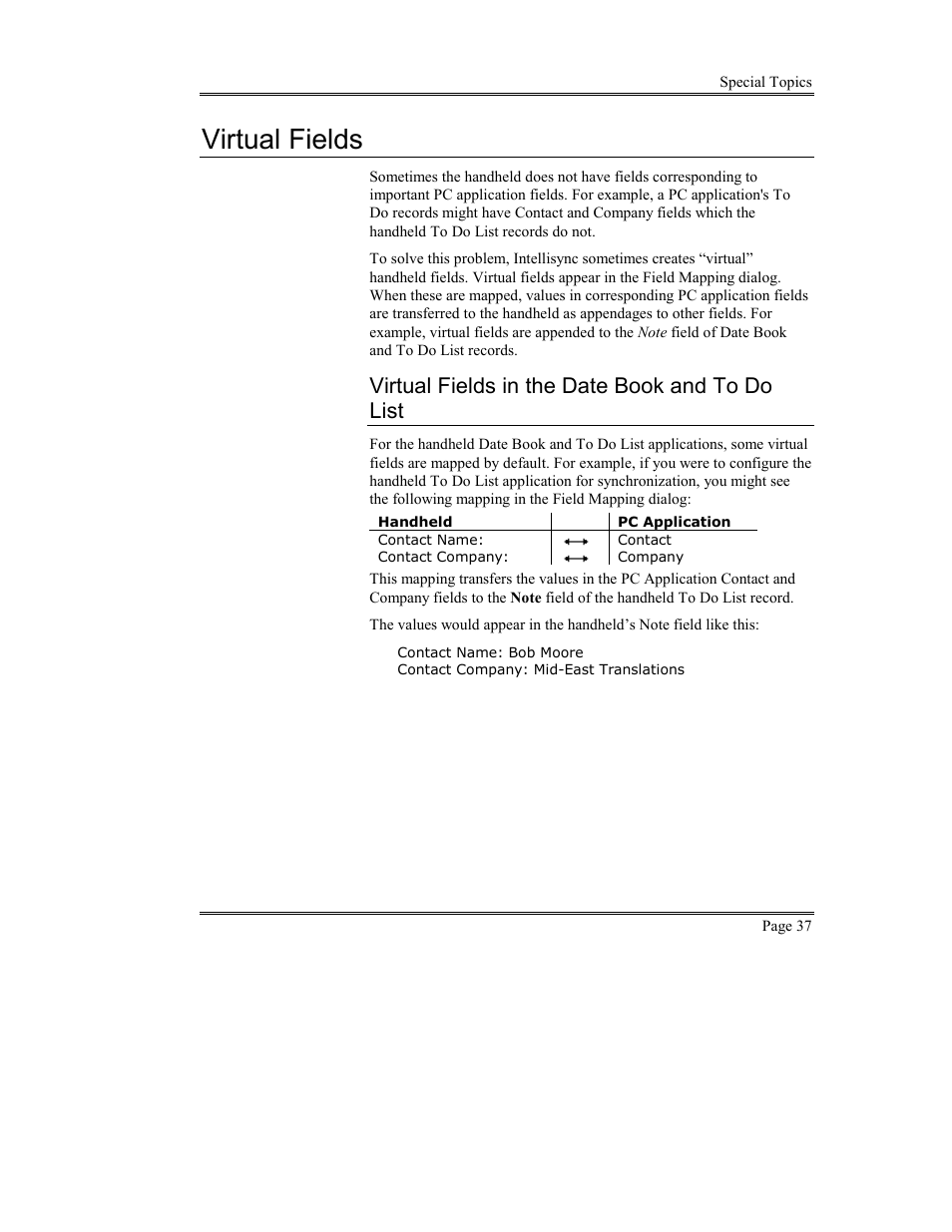 Virtual fields, Virtual fields in the date book and to do list | Sony PEG-TG50 User Manual | Page 37 / 53
