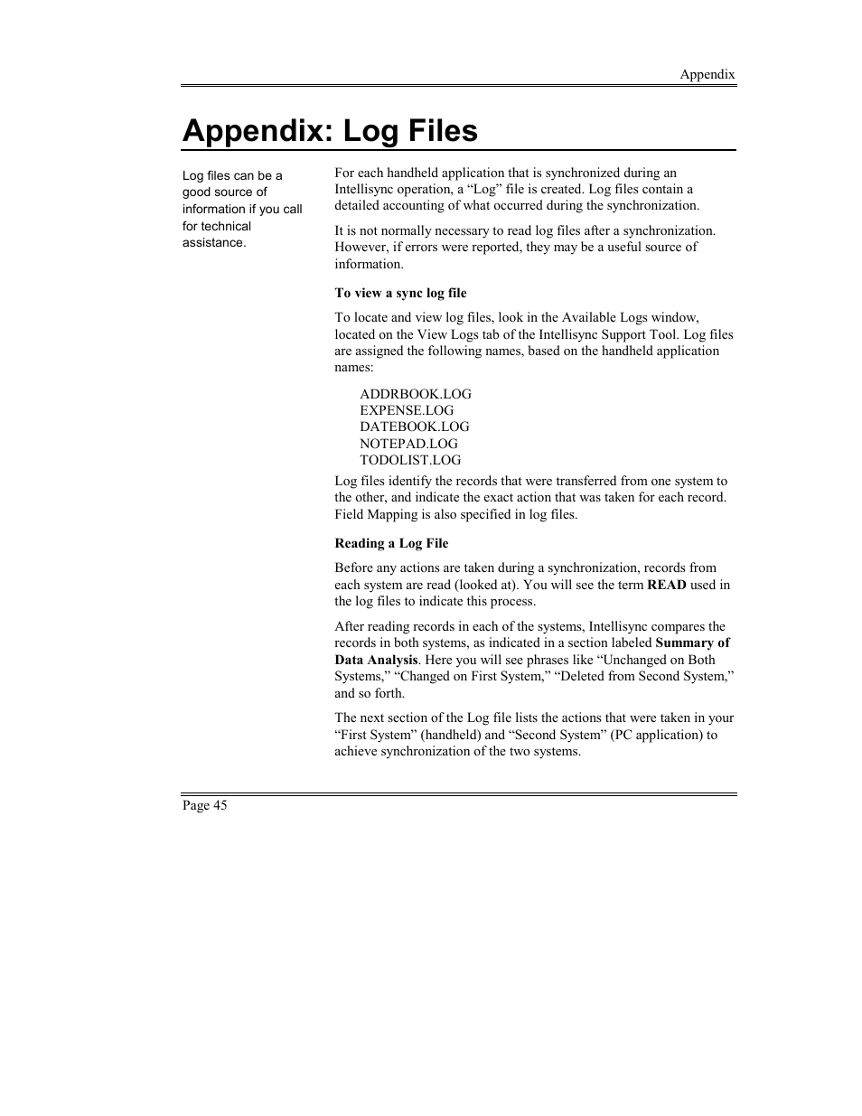 Appendix: log files | Sony PEG-TG50 User Manual | Page 45 / 53