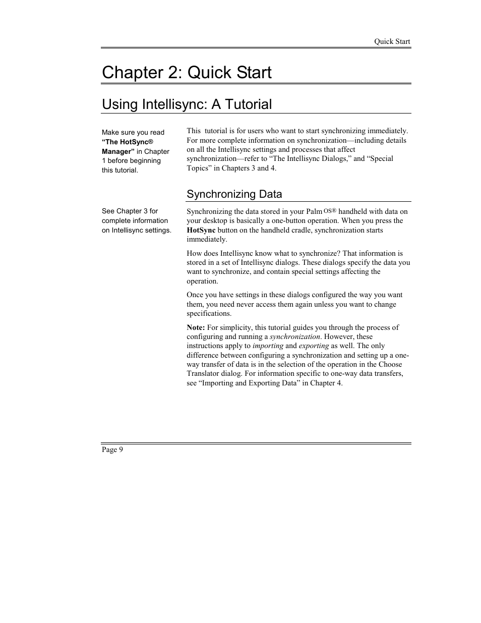 Quick start, Using intellisync: a tutorial, Synchronizing data | Dialog buttons, The date range tab, The to do list tab, Chapter 2: quick start | Sony PEG-TG50 User Manual | Page 9 / 53