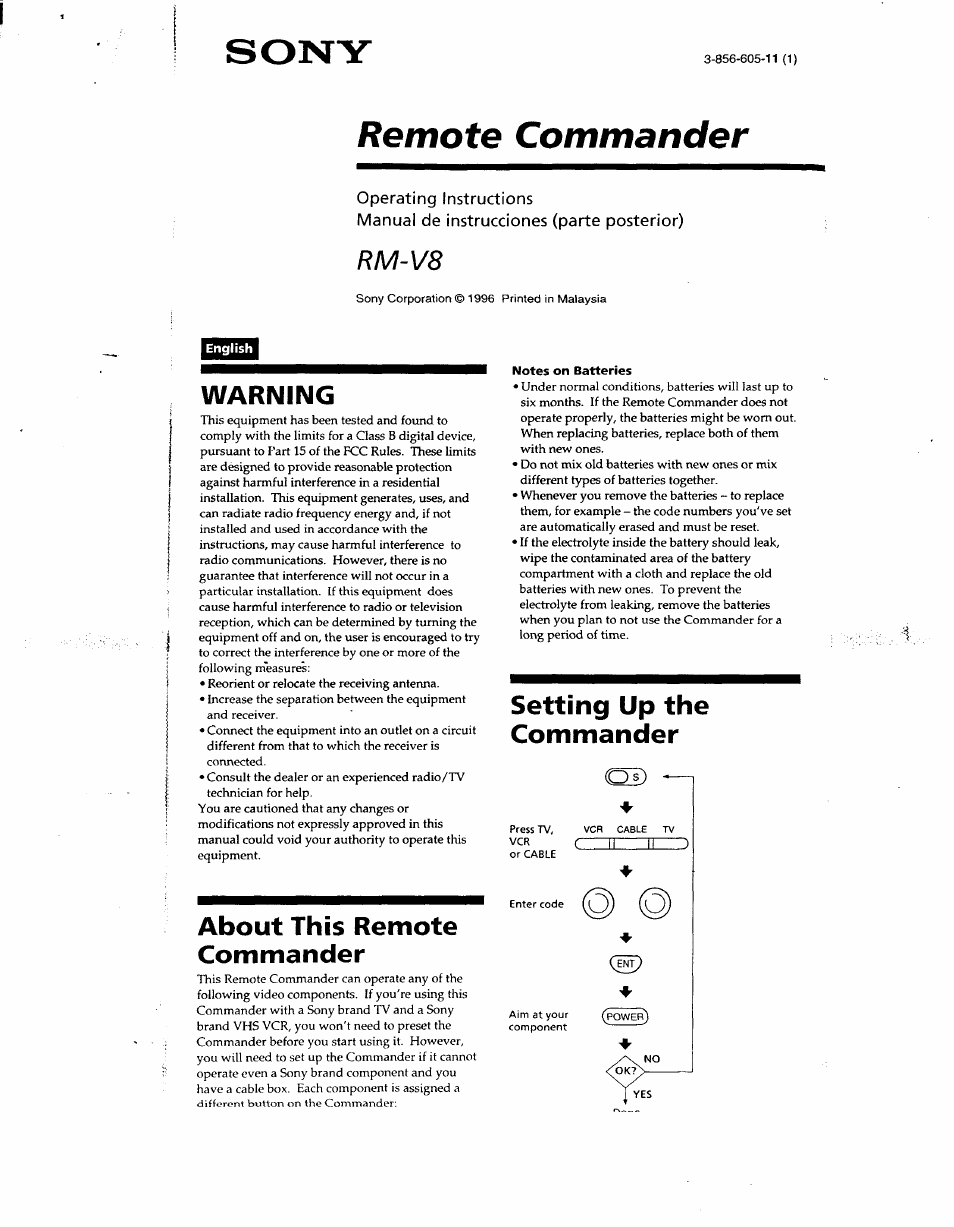 Sony RM-V8 User Manual | 8 pages