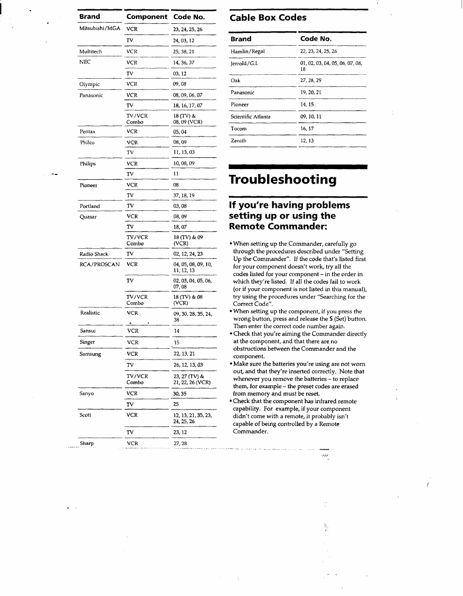 Troubleshooting, Cable box codes | Sony RM-V8 User Manual | Page 7 / 8