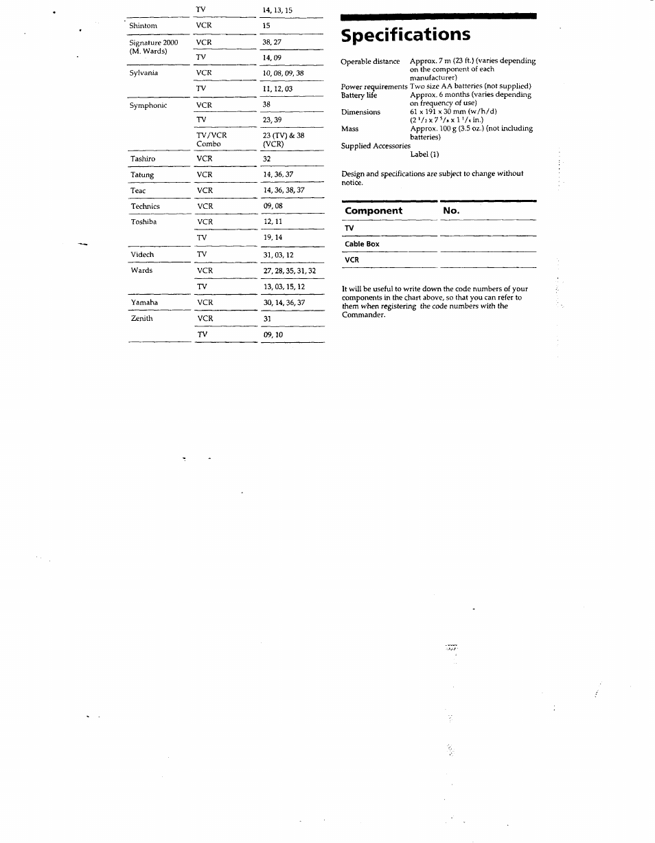 Specifications | Sony RM-V8 User Manual | Page 8 / 8