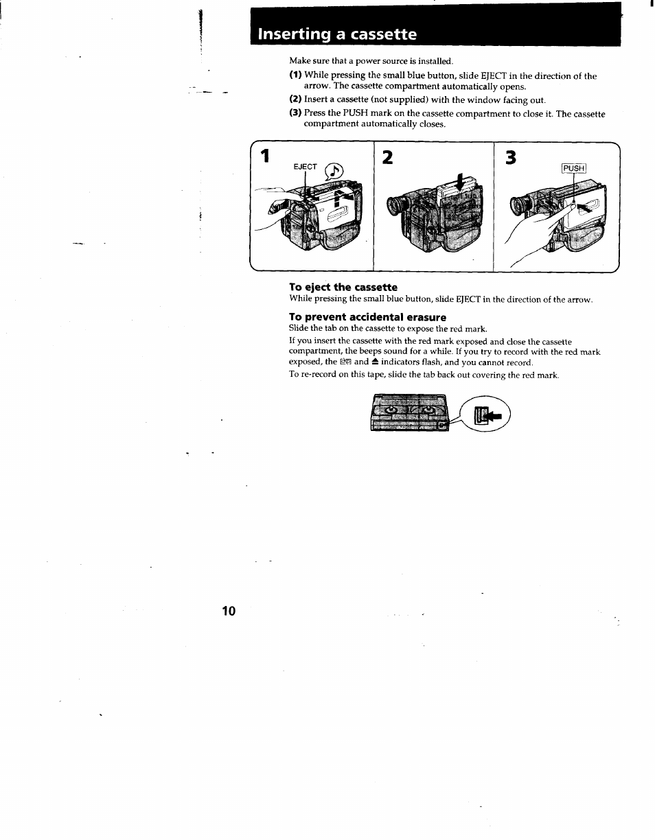 Inserting a cassette | Sony CCD-TRV53 User Manual | Page 10 / 76