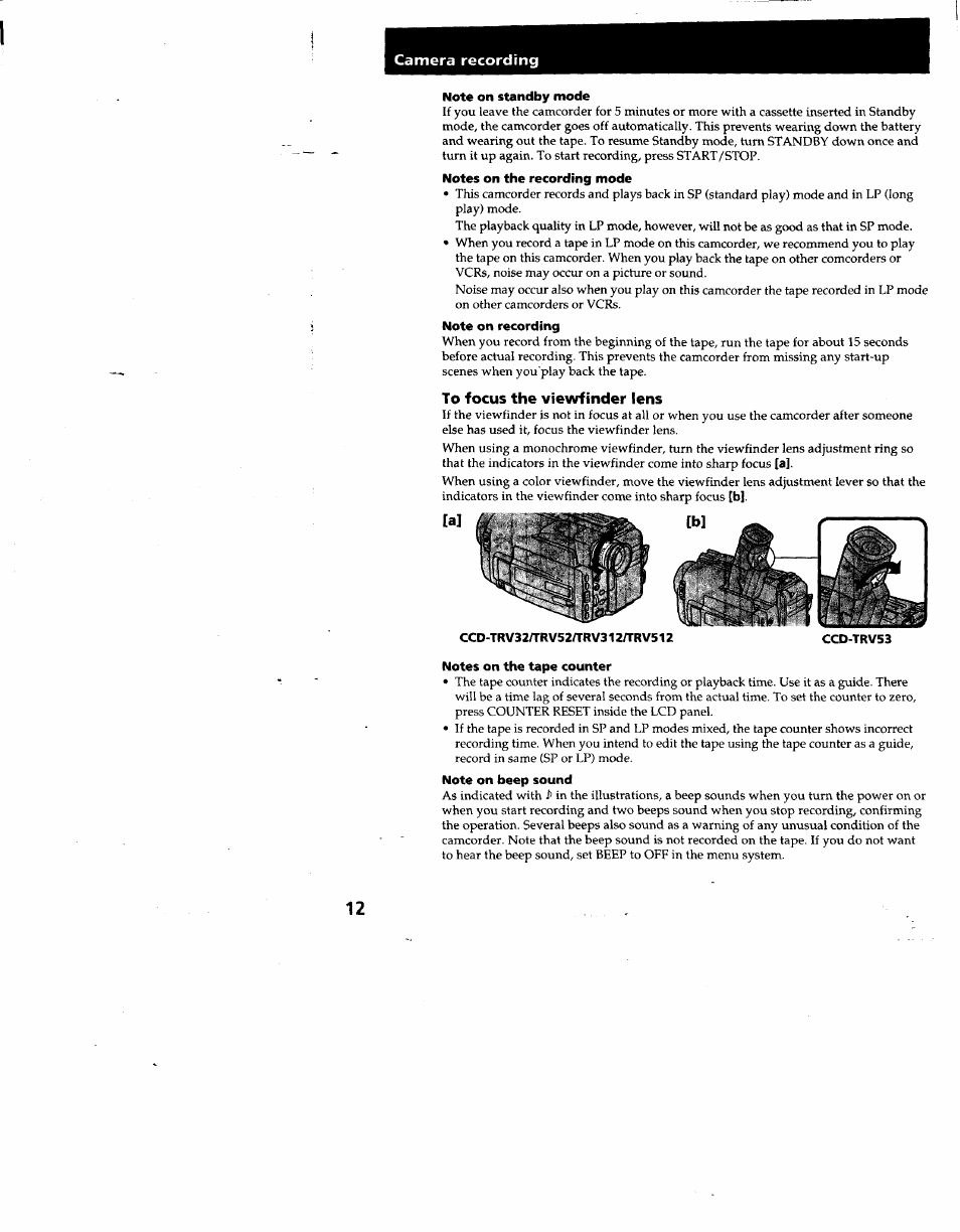 Note on standby mode, Notes on the recording mode, Note on recording | Ccd-trv32/trv52/trv312/trv512, Notes on the tape counter, Note on beep sound, La] (j . . lb | Sony CCD-TRV53 User Manual | Page 12 / 76