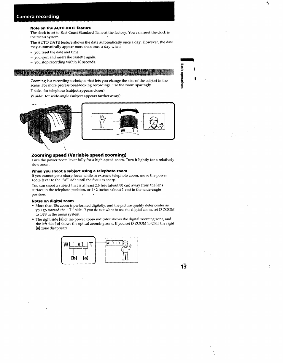 Note on the auto date feature, When you shoot a subject using a telephoto zoom, Notes on digital zoom | Sony CCD-TRV53 User Manual | Page 13 / 76