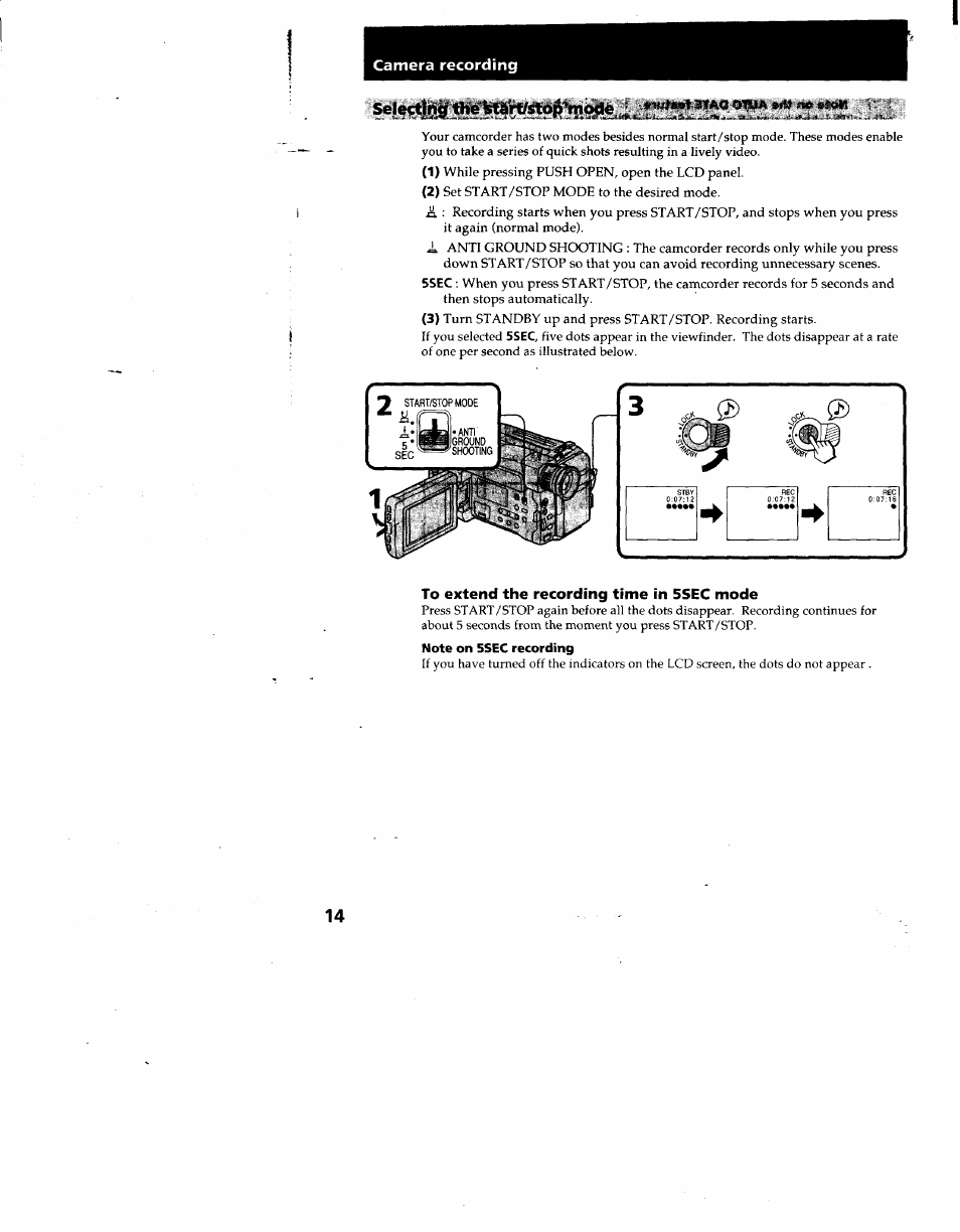 Ulsst sltag otiia it» i-*ok, Note on 5sec recording, Selertlri#twei^rt/^6^%iod | Sony CCD-TRV53 User Manual | Page 14 / 76