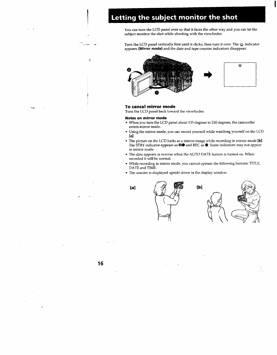 Letting the subject monitor the shot, Notes on mirror mode | Sony CCD-TRV53 User Manual | Page 16 / 76