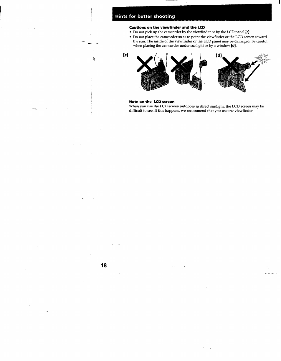 Cautions on the viewfinder and the lcd, Note on the lcd screen | Sony CCD-TRV53 User Manual | Page 18 / 76