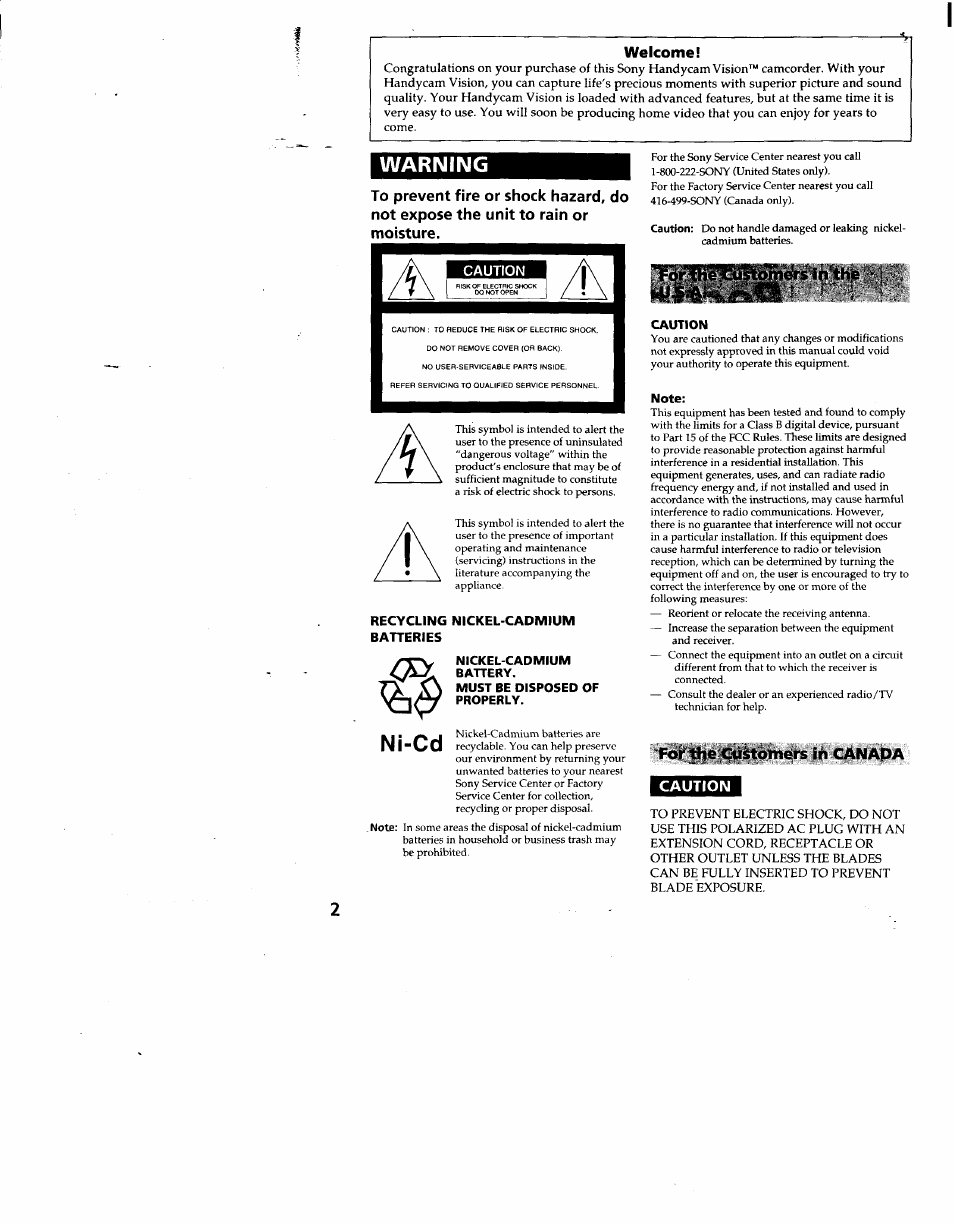 Recycling nickel-cadmium batteries, Nickel-cadmium, Battery | Must be disposed of properly, Caution, Note, For the customers in canada, Warning, Ni-cd, Welcome | Sony CCD-TRV53 User Manual | Page 2 / 76