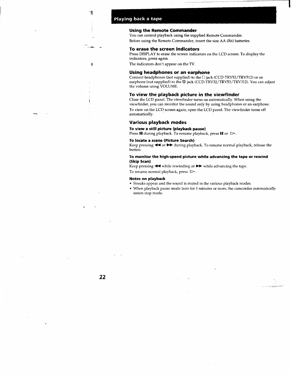 To view a still picture (playback pause), To locate a scene (picture search), Notes on playback | Sony CCD-TRV53 User Manual | Page 22 / 76