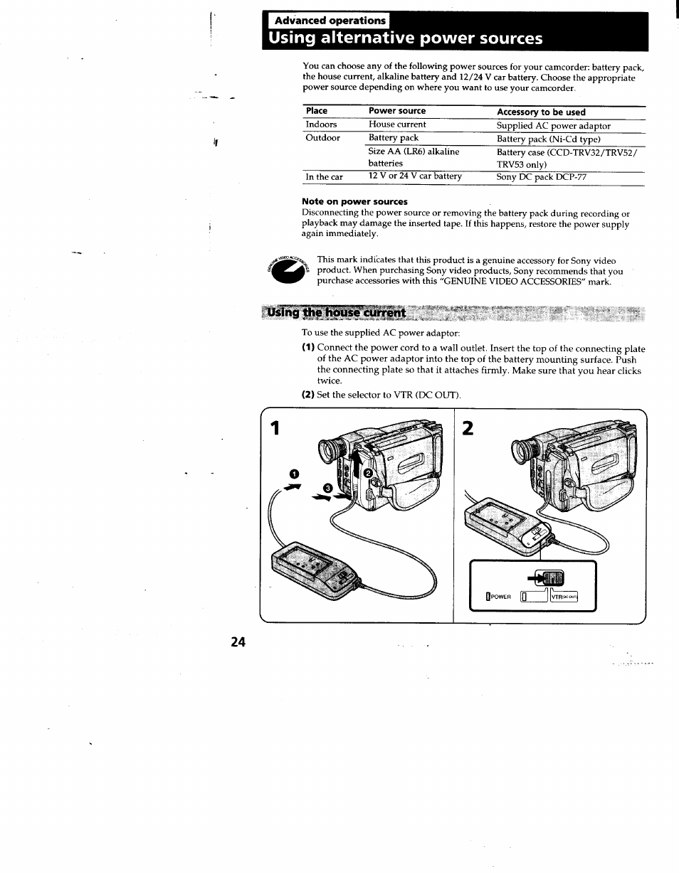 Using alternative power sources, Note on power sources, Using the house current | Sony CCD-TRV53 User Manual | Page 24 / 76