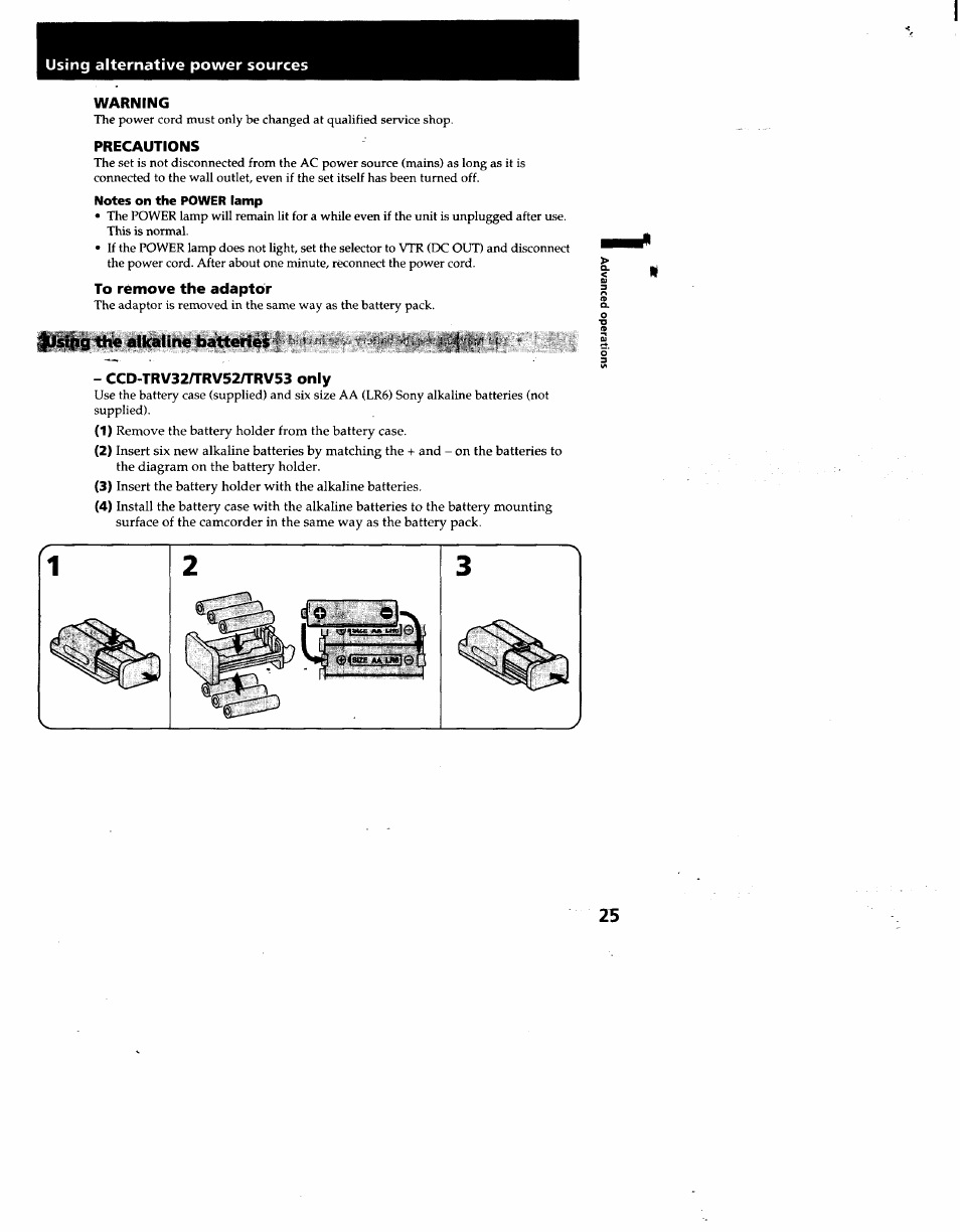 Notes on the power lamp, The alkaline batteries | Sony CCD-TRV53 User Manual | Page 25 / 76