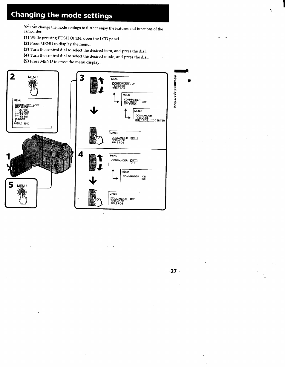 Changing the mode settings | Sony CCD-TRV53 User Manual | Page 27 / 76