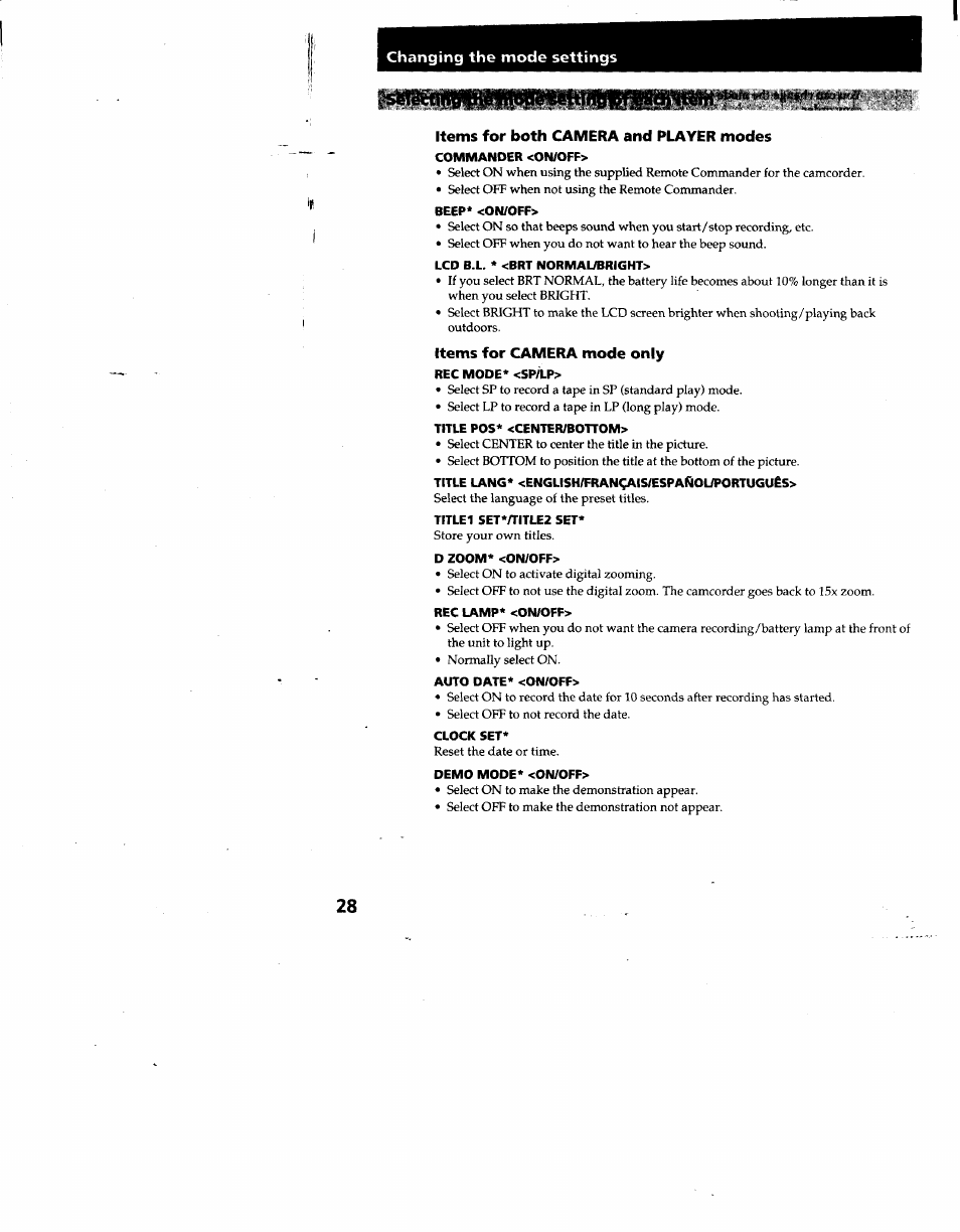 Sbnra osm tut, Commander <on/off, Beep* <on/off | Lcd b.l. * <brt normal/bright, Rec mode* <sp/lp, Title lang* <english/francais/espaflol/portugues, Title1 set*/title2 set, D zoom* <on/off, Rec lamp* <on/off, Auto date* <on/off | Sony CCD-TRV53 User Manual | Page 28 / 76