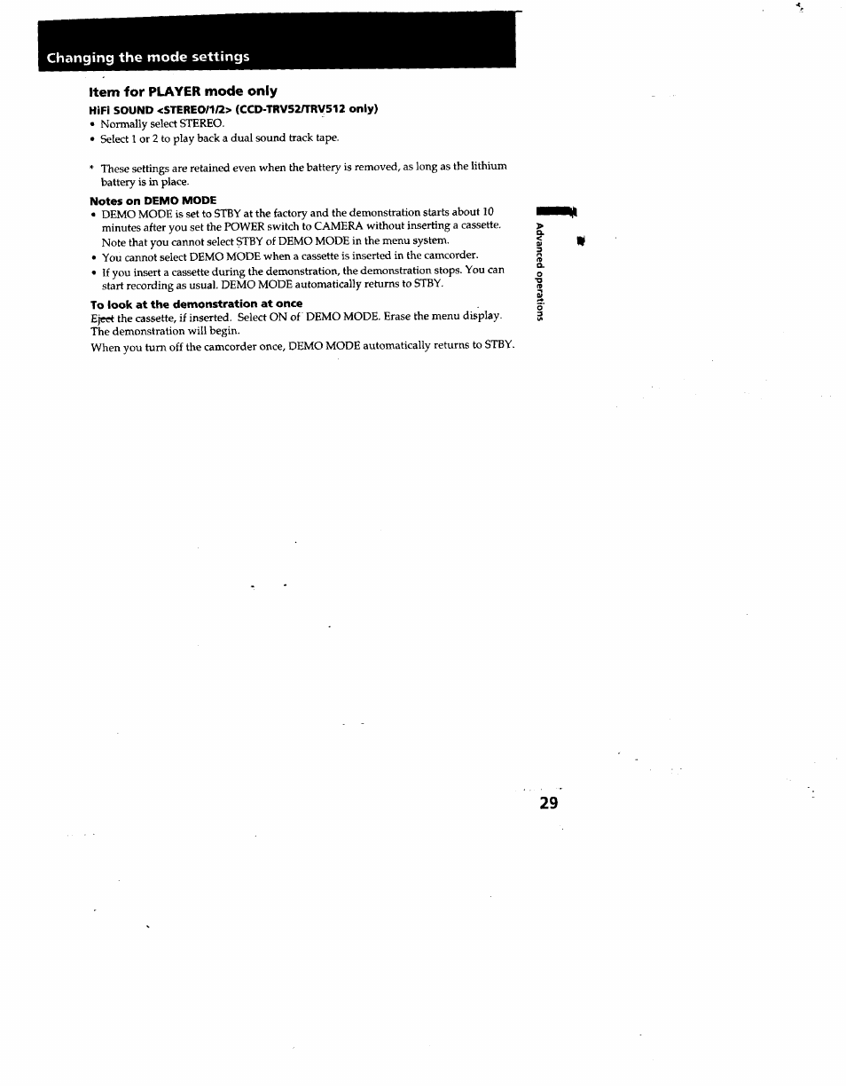 Notes on demo mode, To look at the demonstration at once | Sony CCD-TRV53 User Manual | Page 29 / 76