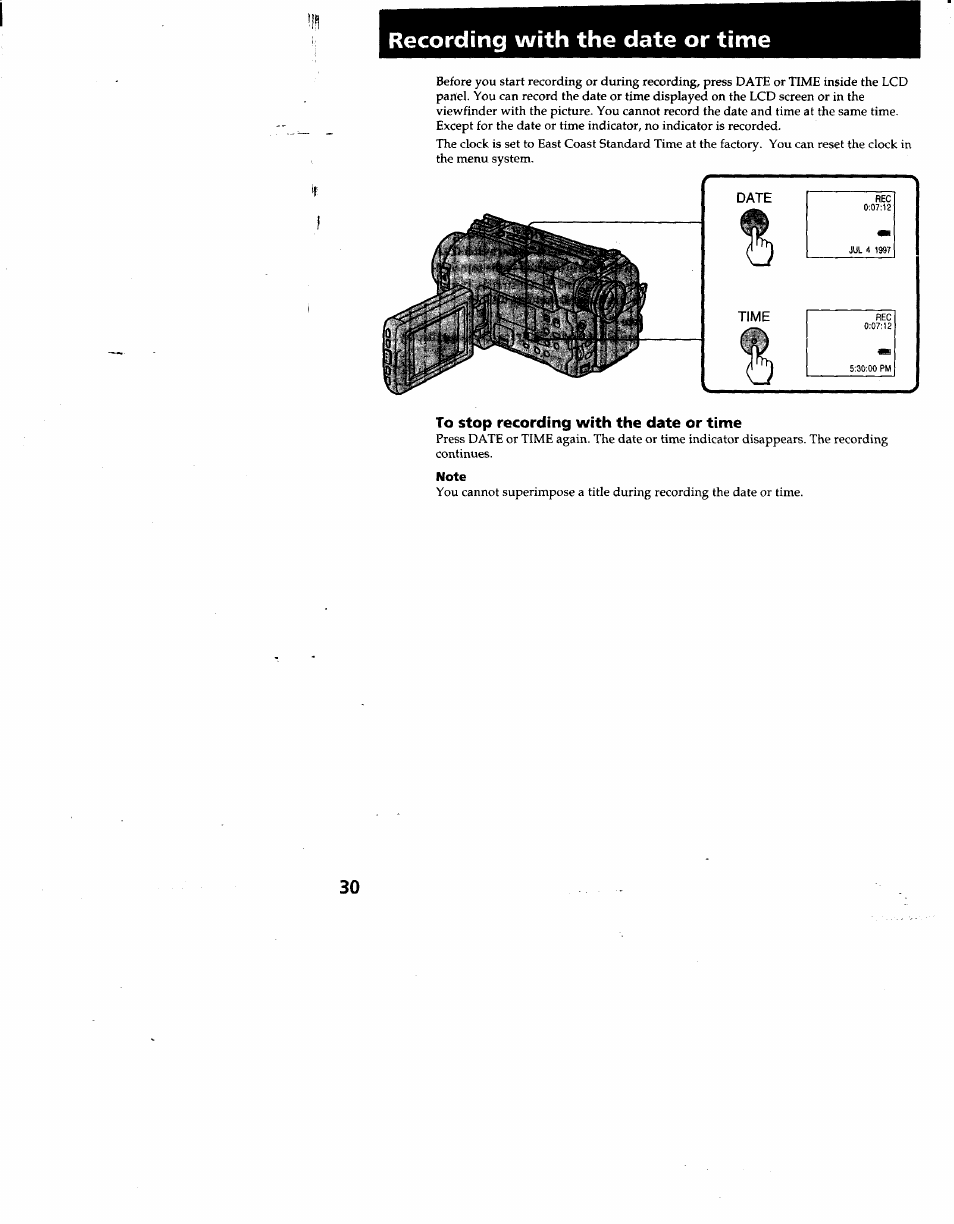 Recording with the date or time, Note | Sony CCD-TRV53 User Manual | Page 30 / 76