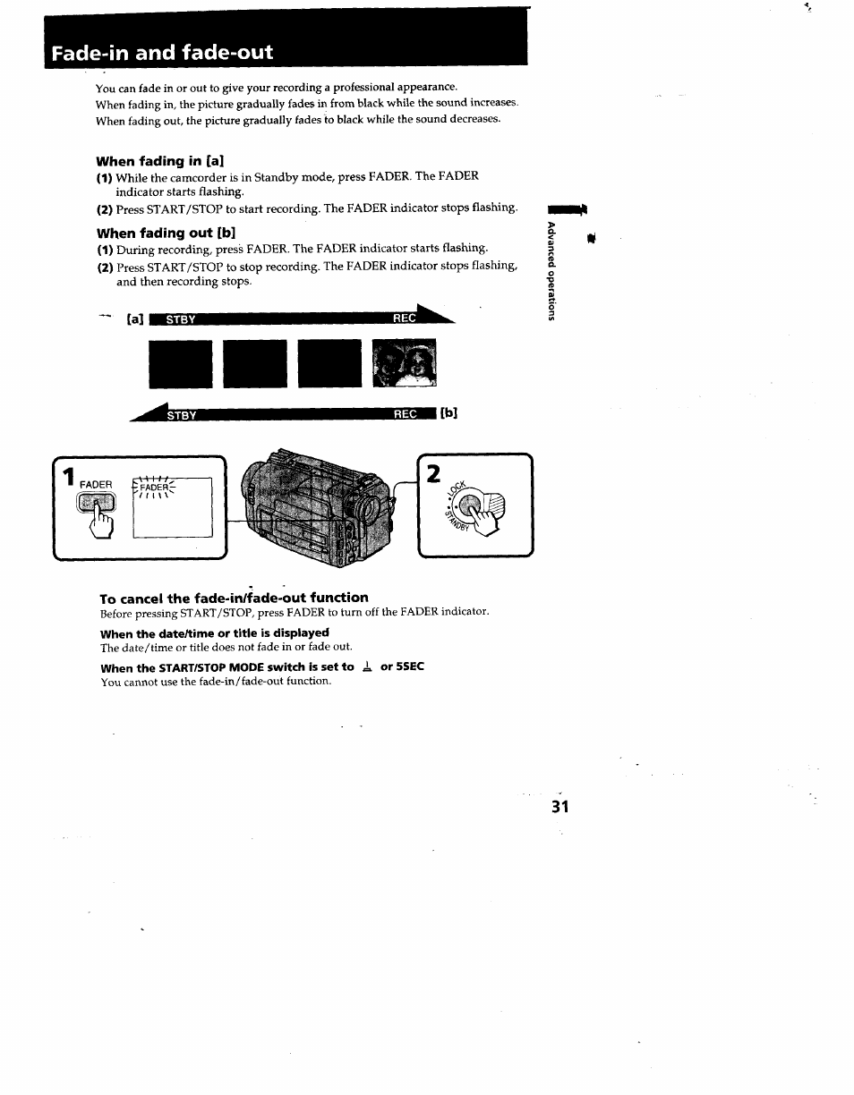 Fade-in and fade-out, When the start/stop mode switch is set to | Sony CCD-TRV53 User Manual | Page 31 / 76