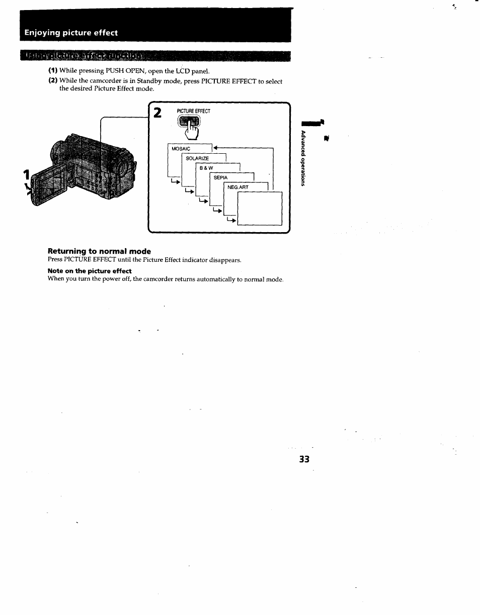 Enjoying picture effect, Returning to normal mode | Sony CCD-TRV53 User Manual | Page 33 / 76