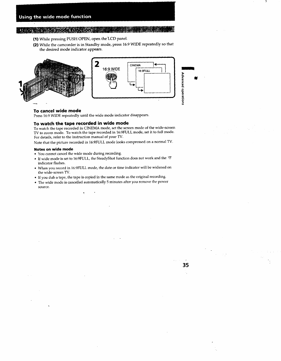 Notes on wide mode | Sony CCD-TRV53 User Manual | Page 35 / 76