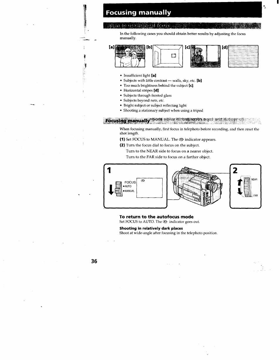 Focusing manually, Shooting in reiativeiy dark piaces | Sony CCD-TRV53 User Manual | Page 36 / 76