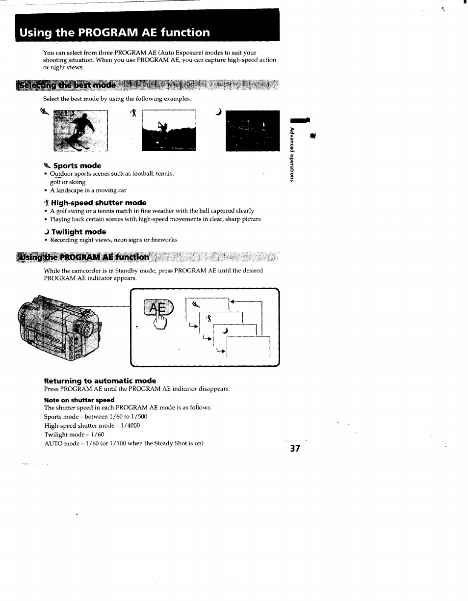 Note on shutter speed, Using the program ae function | Sony CCD-TRV53 User Manual | Page 37 / 76