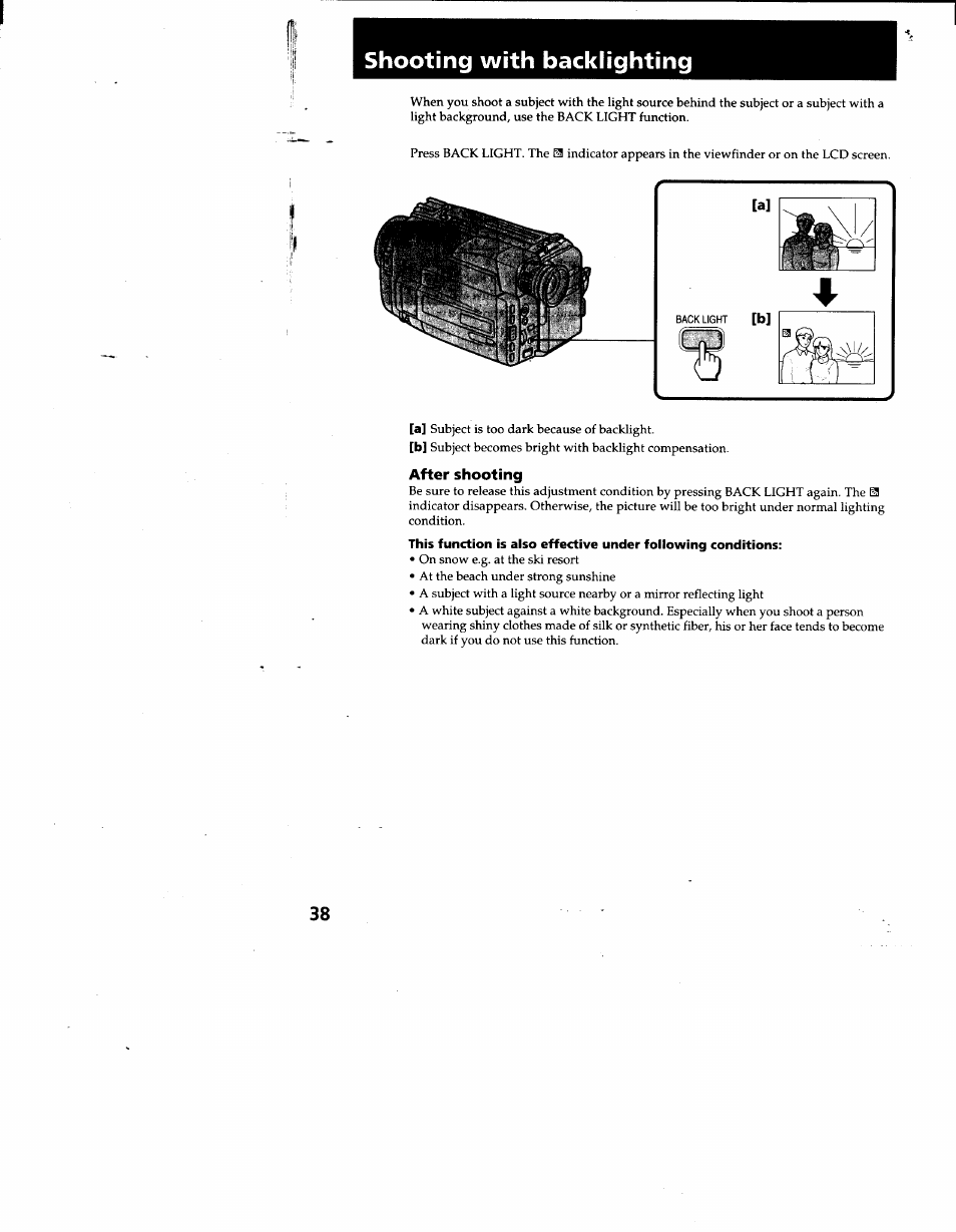 Shooting with backlighting | Sony CCD-TRV53 User Manual | Page 38 / 76