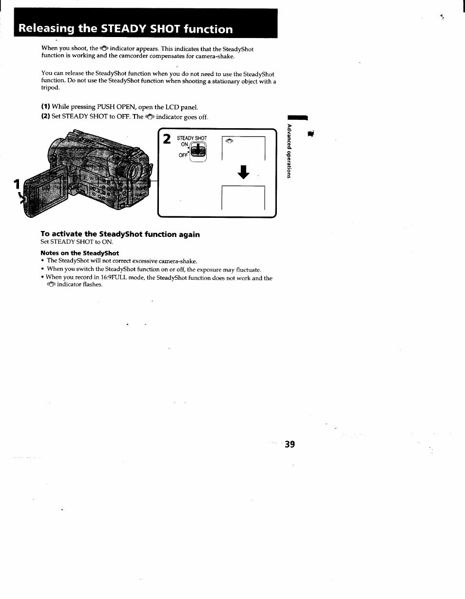 Notes on the steadyshot, Releasing the steady shot function | Sony CCD-TRV53 User Manual | Page 39 / 76