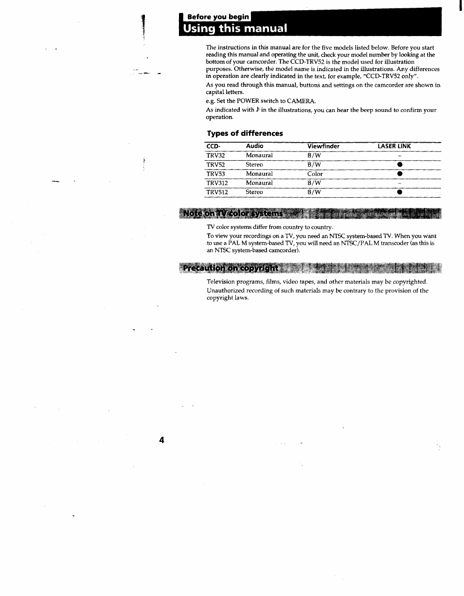 Using this manual, Note .on iv tolor systems, Precaution on'copyright | Sony CCD-TRV53 User Manual | Page 4 / 76