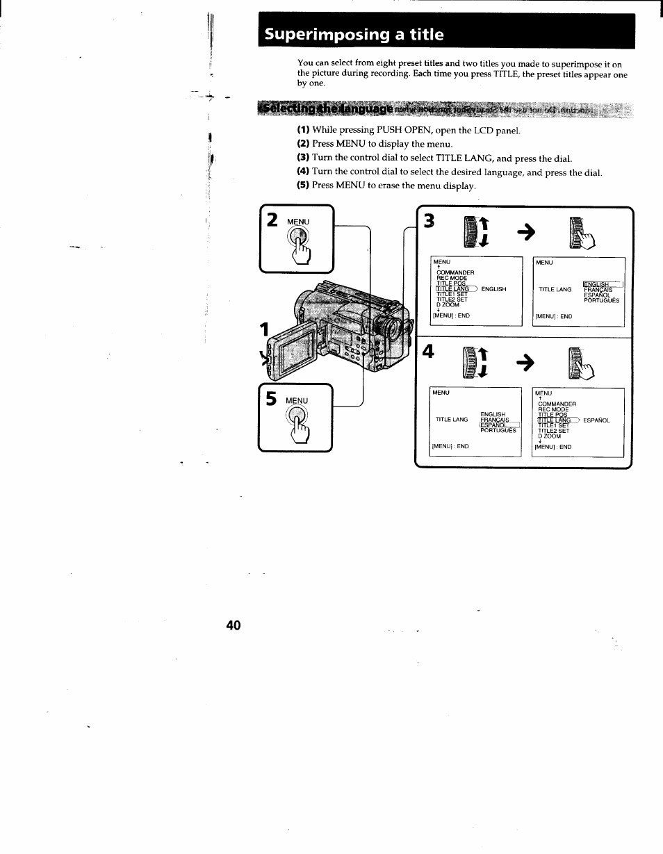 Superimposing a title, I^'lertihg<thei|angiiagien~'''f | Sony CCD-TRV53 User Manual | Page 40 / 76