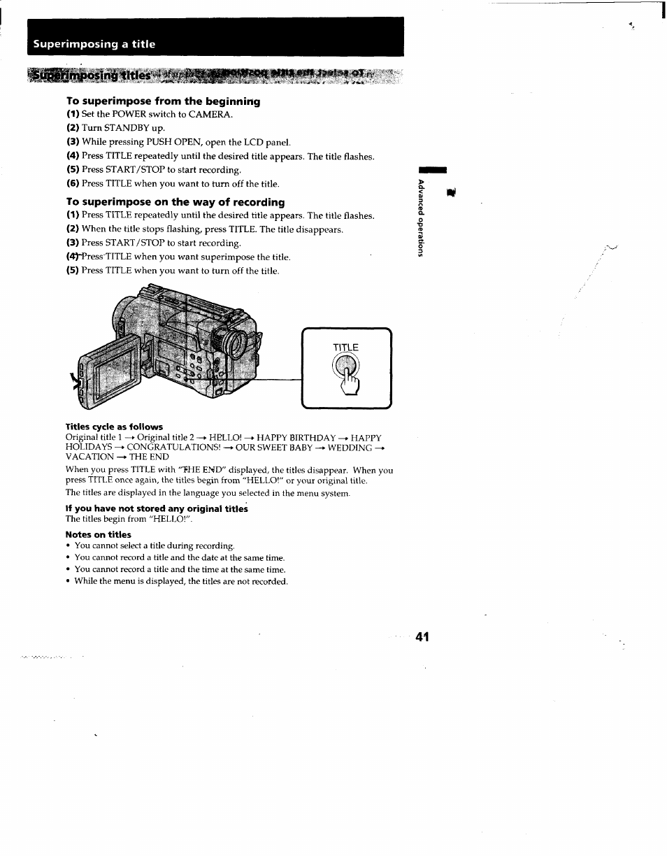 Isiij^vimposing titles 'ot, Titles cycle as follows, If you have not stored any original titles | Notes on titles | Sony CCD-TRV53 User Manual | Page 41 / 76