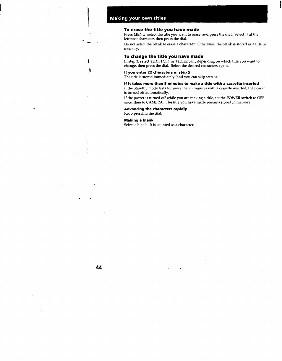 If you enter 22 characters in step 5, Advancing the characters rapidly, Making a blank | Sony CCD-TRV53 User Manual | Page 44 / 76