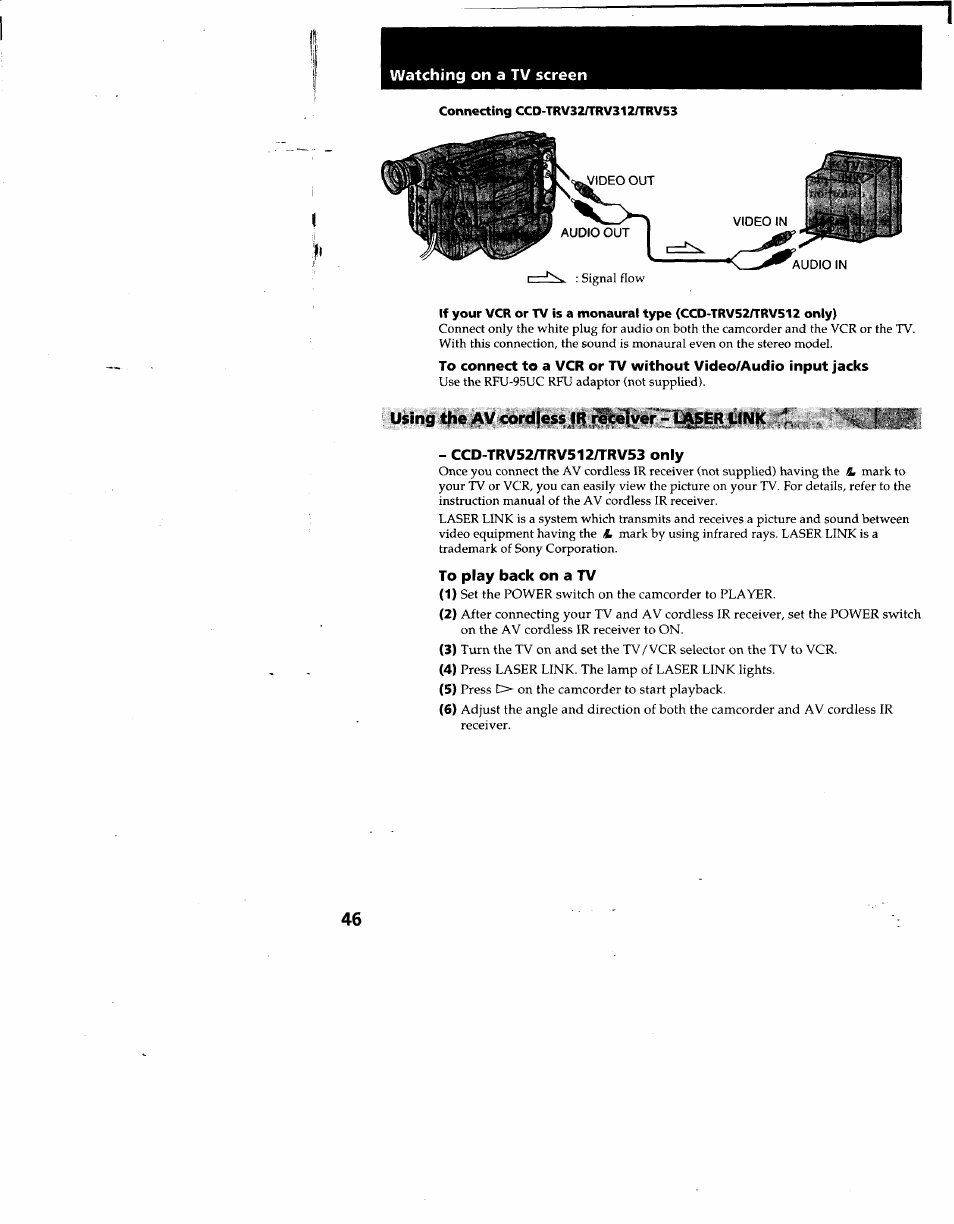 Connecting ccd-trv32/trv312/trv53, Using the av cordjess ir receiver - lj^ser link | Sony CCD-TRV53 User Manual | Page 46 / 76