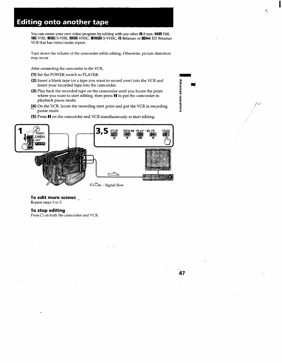 Editing onto another tape | Sony CCD-TRV53 User Manual | Page 47 / 76