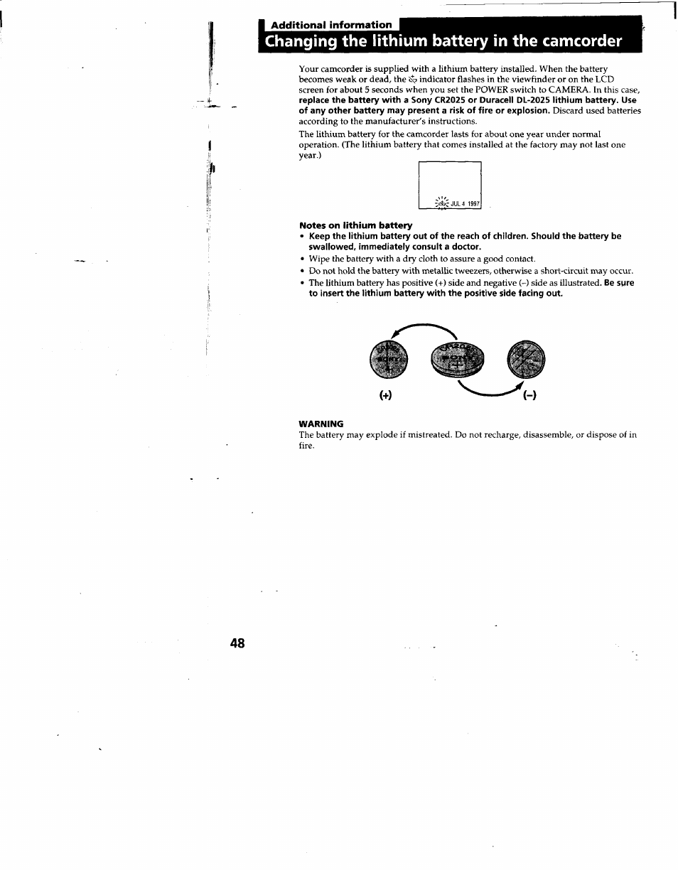 Changing the lithium battery in the camcorder, Notes on lithium battery, Warning | Sony CCD-TRV53 User Manual | Page 48 / 76