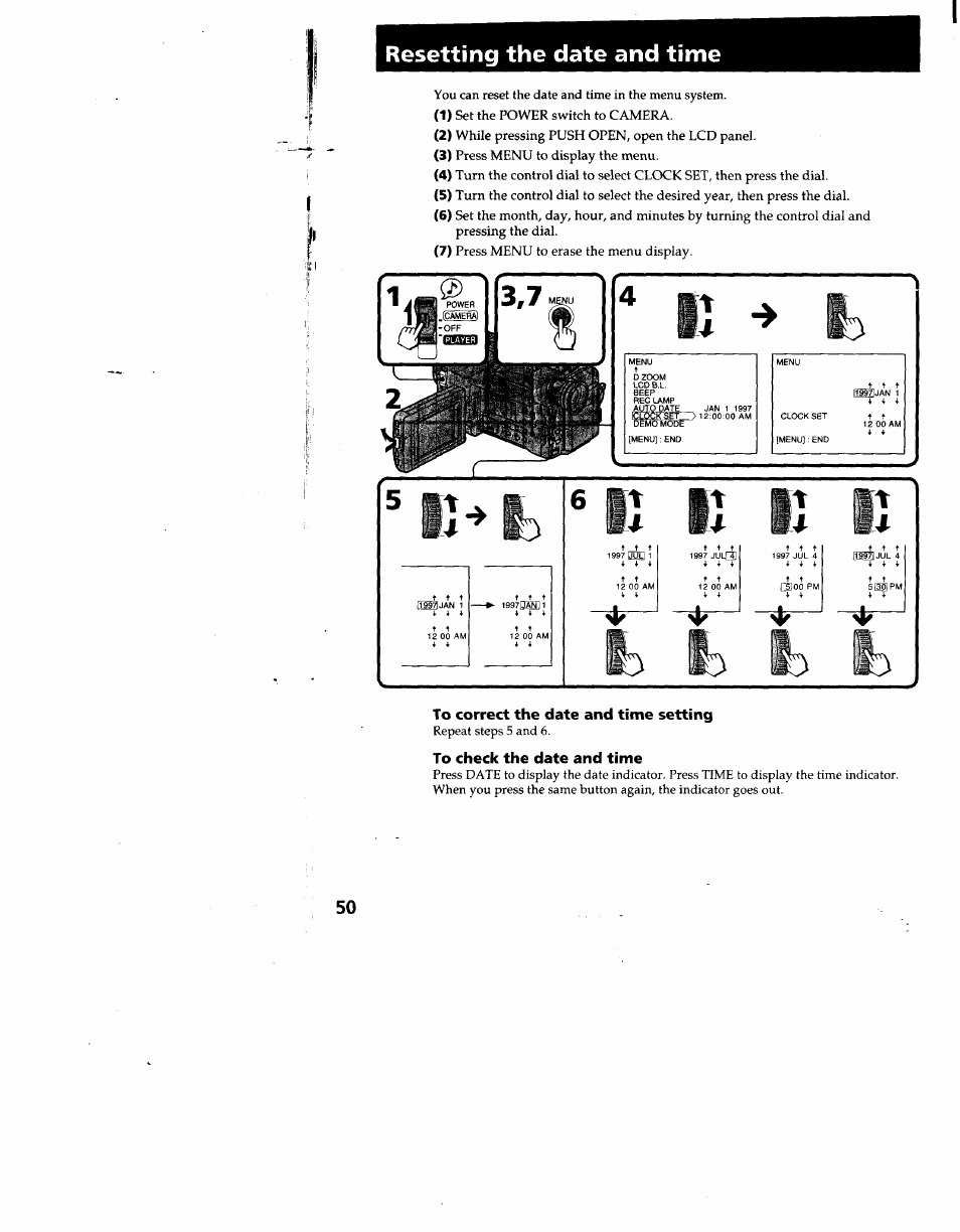 Resetting the date and time, You can reset the date and time in the menu system, Set the power switch to camera | Repeat steps 5 and 6 | Sony CCD-TRV53 User Manual | Page 50 / 76