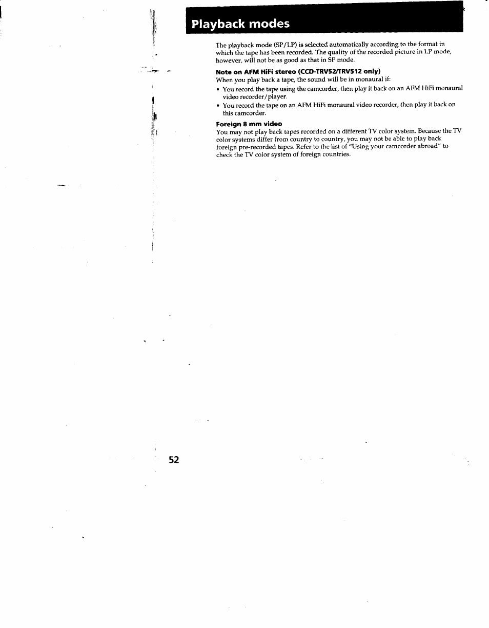 Playback modes | Sony CCD-TRV53 User Manual | Page 52 / 76