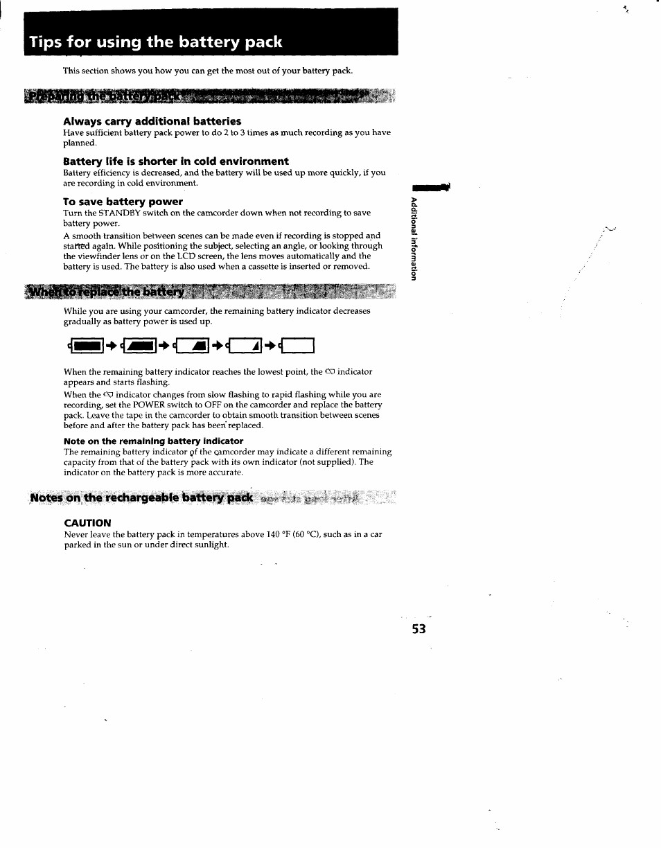 Tips for using the battery pack, Lïoreplac^thè battery, Note on the remaining battery indicator | Notes on the rechargeable battery pack | Sony CCD-TRV53 User Manual | Page 53 / 76